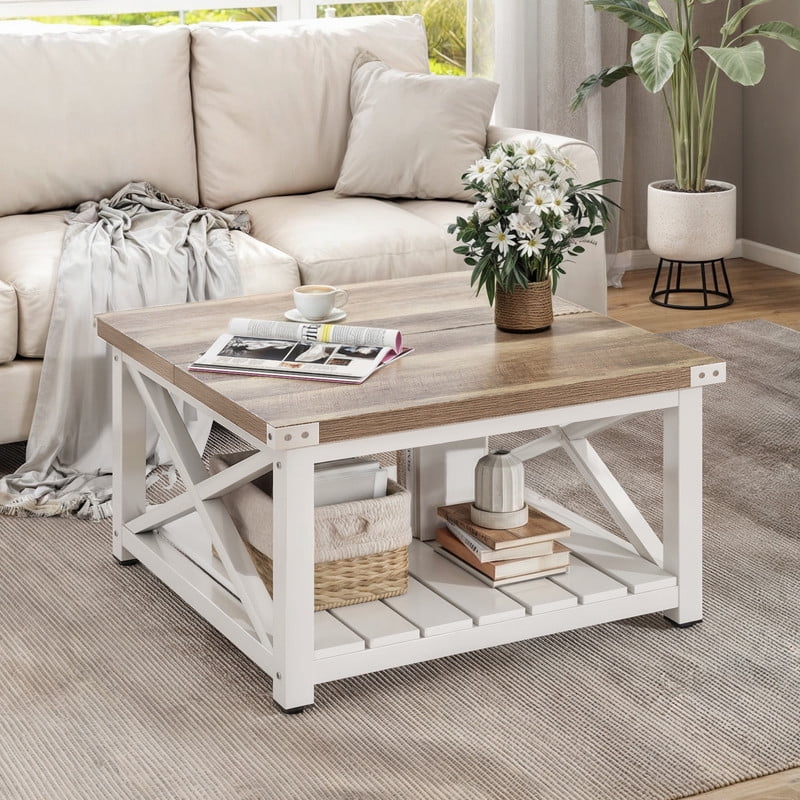 Uforic Farmhouse Coffee Table Square Wood Center Table with Storage for Living Room, Gray Wash