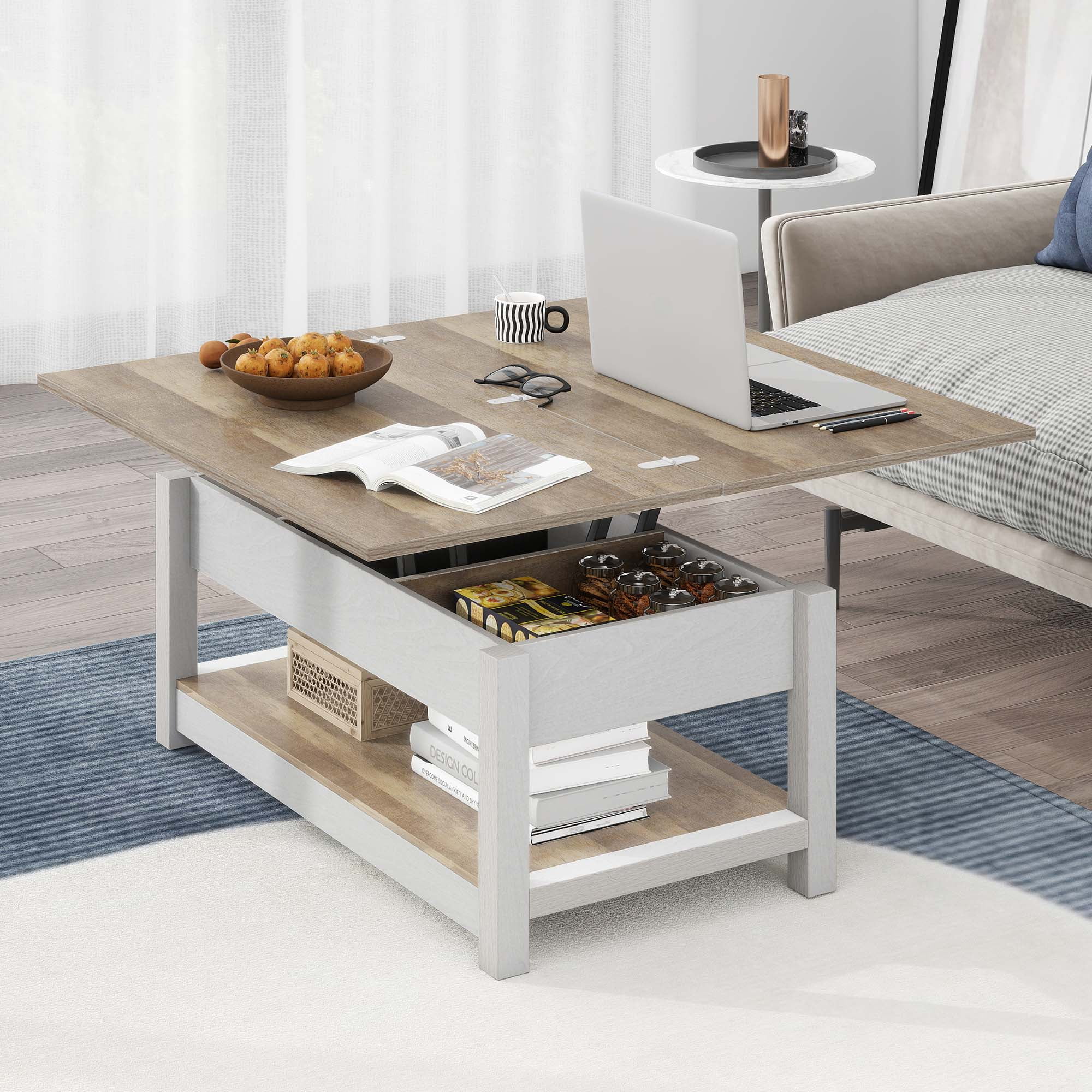Uforic Farmhouse Lift Top Coffee Table, 3-in-1 Center Table with Storage for Living Room, OAK