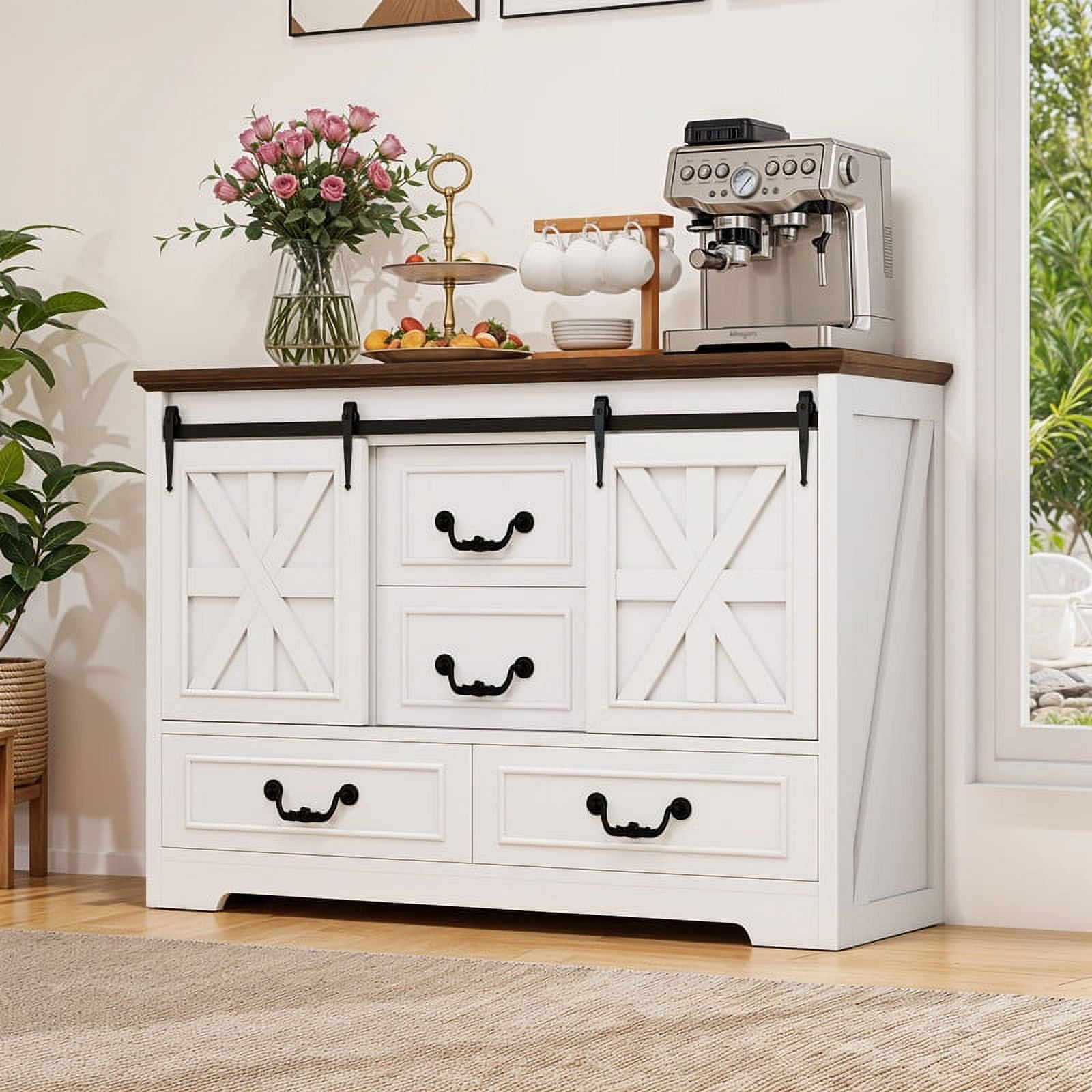 Uforic Farmhouse Sideboard Storage Cabinet with 4 Drawers & 3 Doors, 47.2" Buffet Cabinet Kitchen Storage Sideboard for Kitchen, Living Room, Coffee Bar