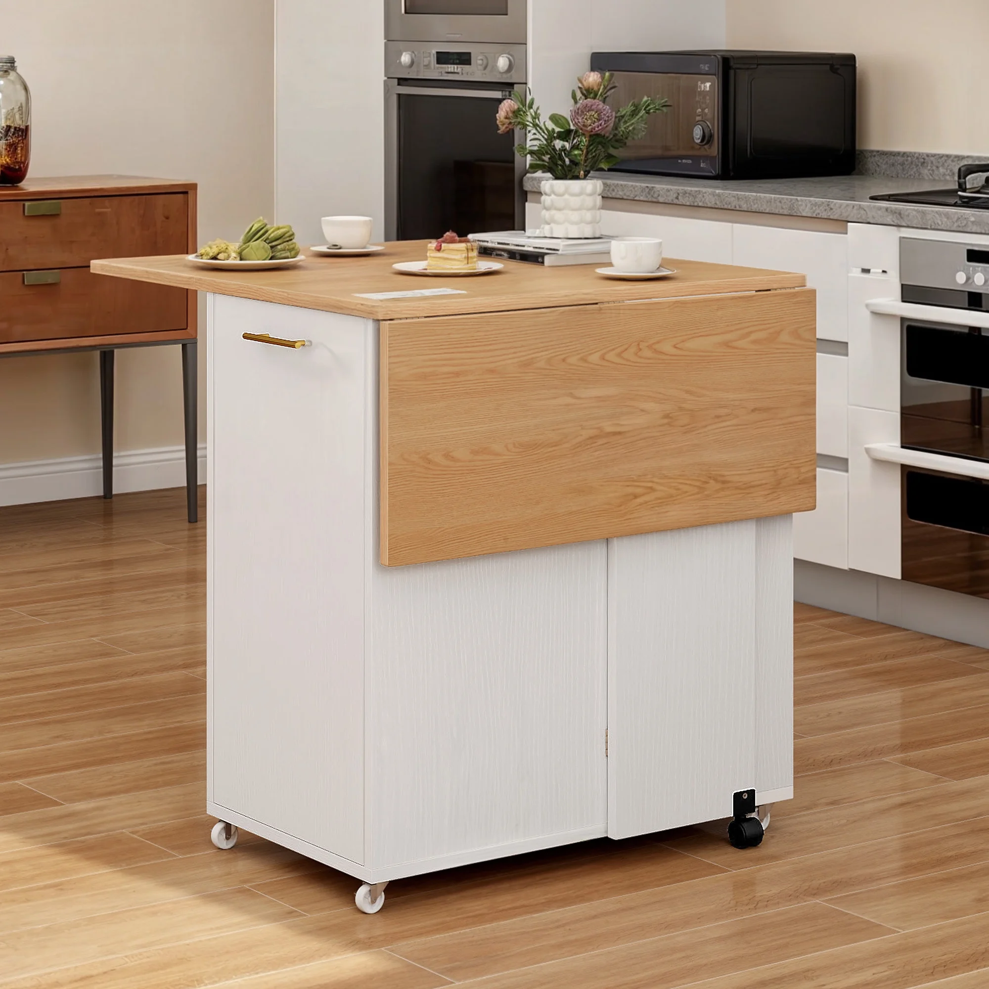 Uforic Kitchen Island with Drop Leaf, Kitchen Storage Cart with Power Outlets, Cabinet for 10-Gal Trash Bin, White