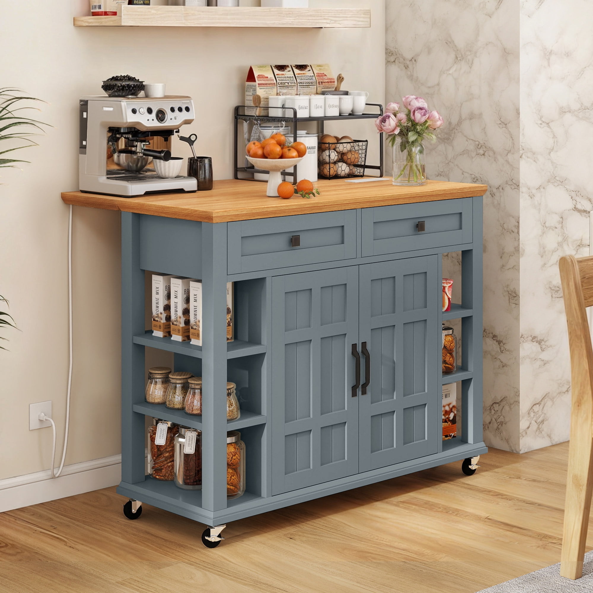 Uforic Kitchen Island Cart with Power Outlets, Kitchen Storage Trolley Cart with Storage Shelves & Drawers, Blue Gray