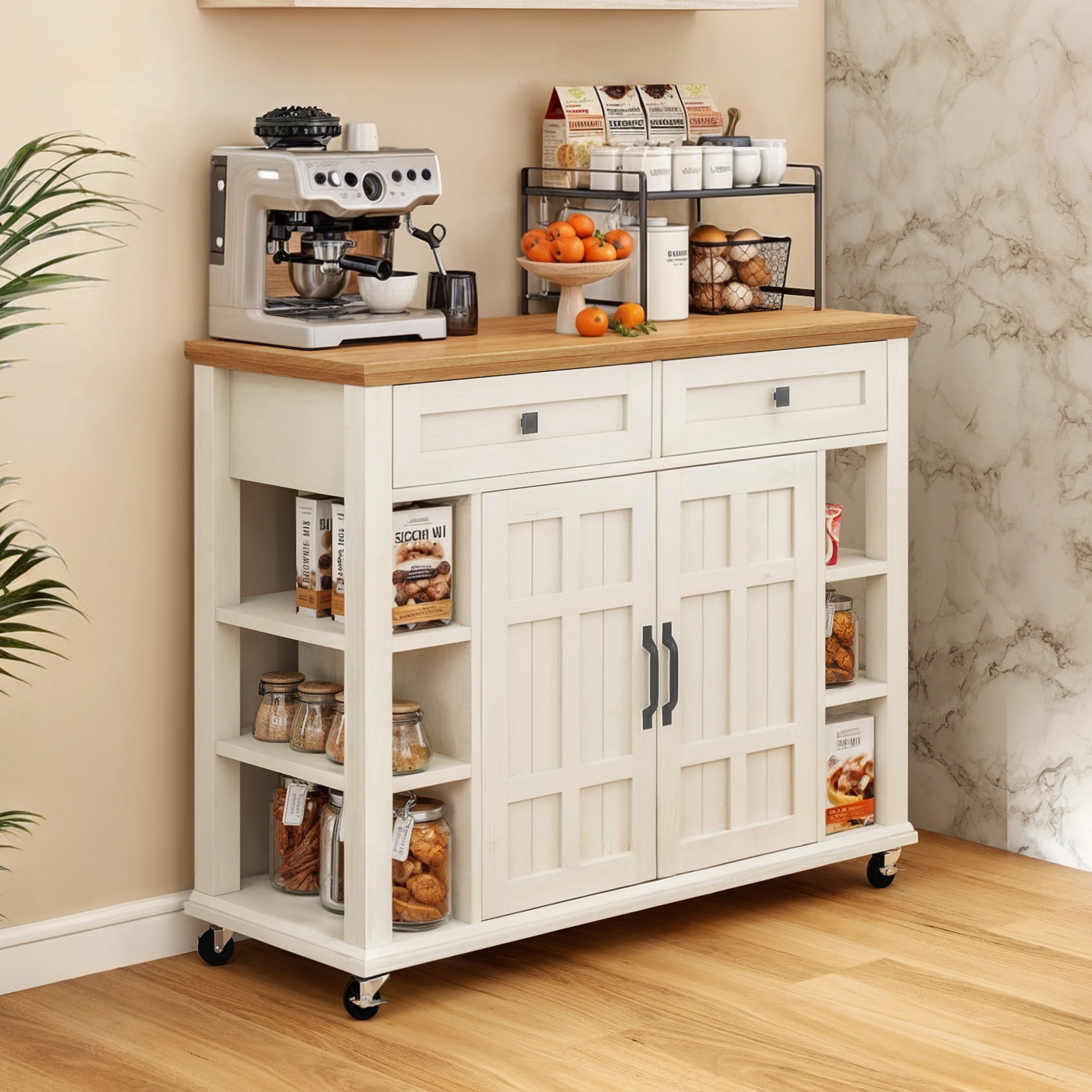 Uforic Kitchen Island Cart, Kitchen Storage Cart with Drawers & Storage Shelves, Off-White