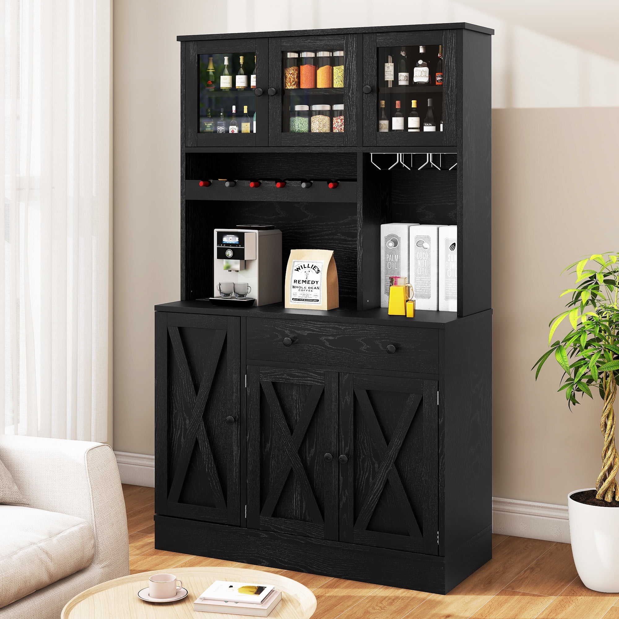 Uforic Kitchen Pantry Cabinet with Charging Station and Drawers,Storage Cabinet for Entryway, Kitchen Black