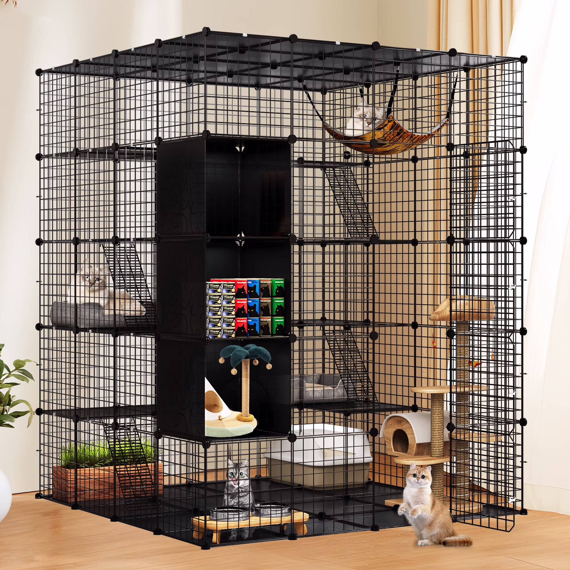 Uforic Large Cat Cage 5-Tier Cat Kennels with Large Hammock for 1-5 Cats Metal DIY Indoor Catio Enclosure Spacious Pets Playpen(55"L x55"W x 69"H)