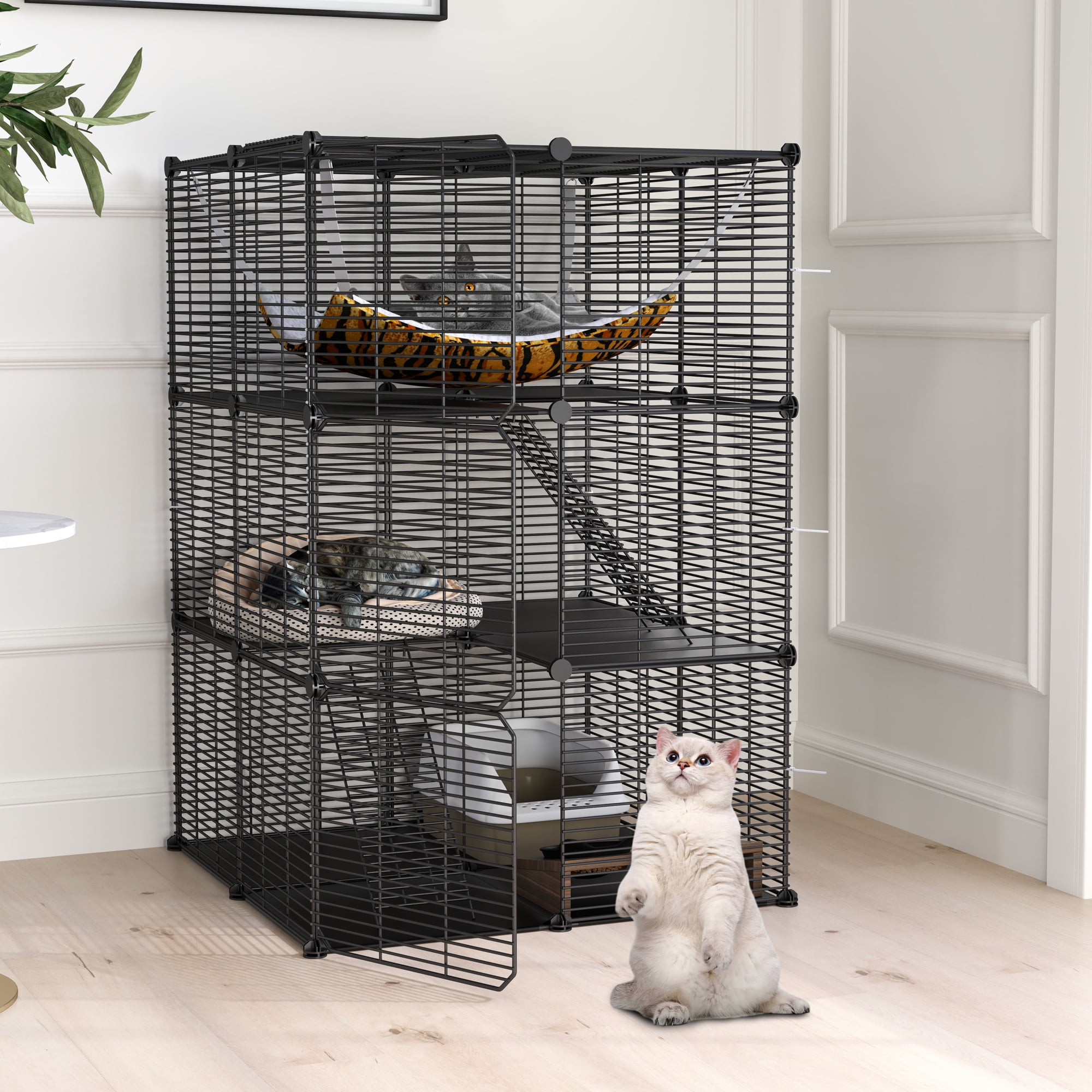 Uforic 41" Large 3-Tier Cat Cage with Extra Large Hammock - Indoor Pet Playpen for 1-2 Cats, Black