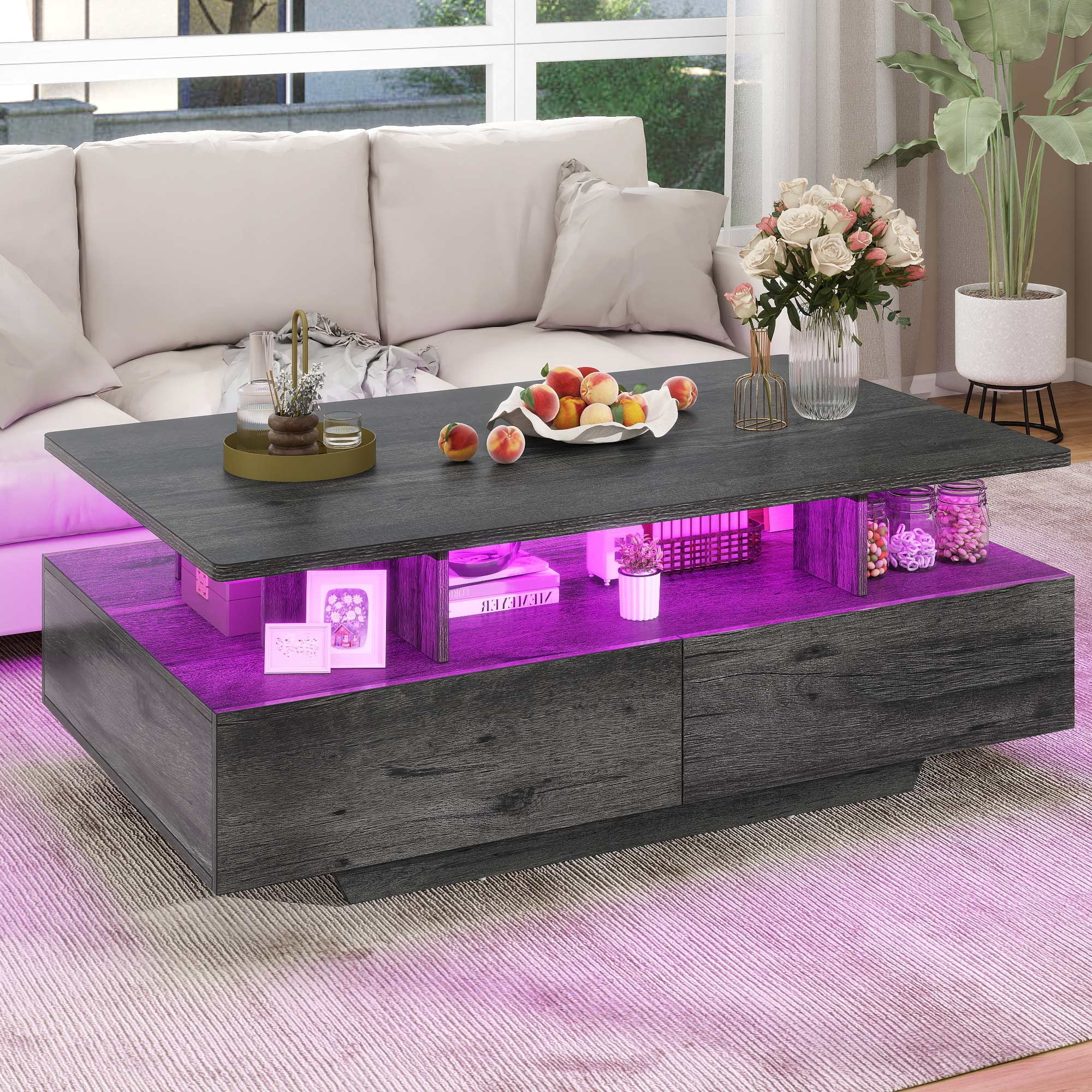 Uforic LED Coffee Table, Modern Center Tables with Storage for Living Room, Gray