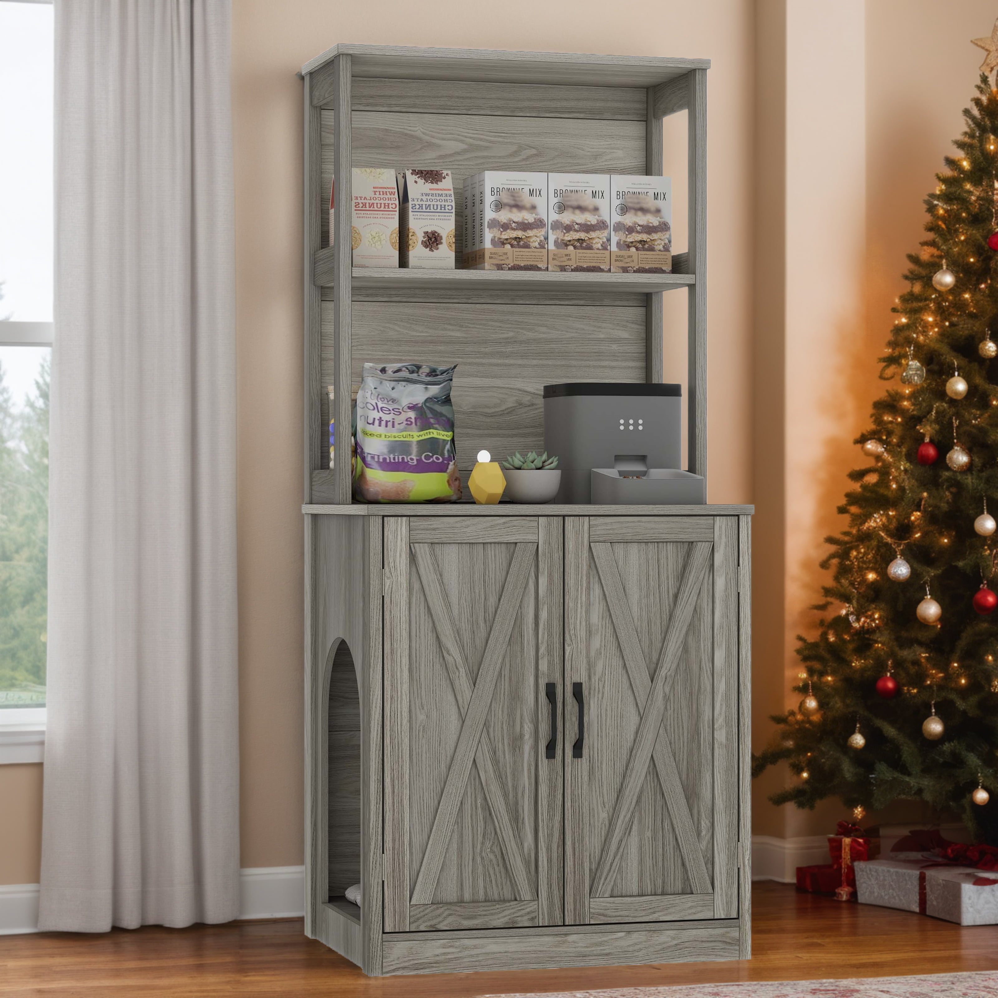 Uforic Litter Box Cabinet Furniture with Charging Station, Cat Enclosure with Shelves - Gray