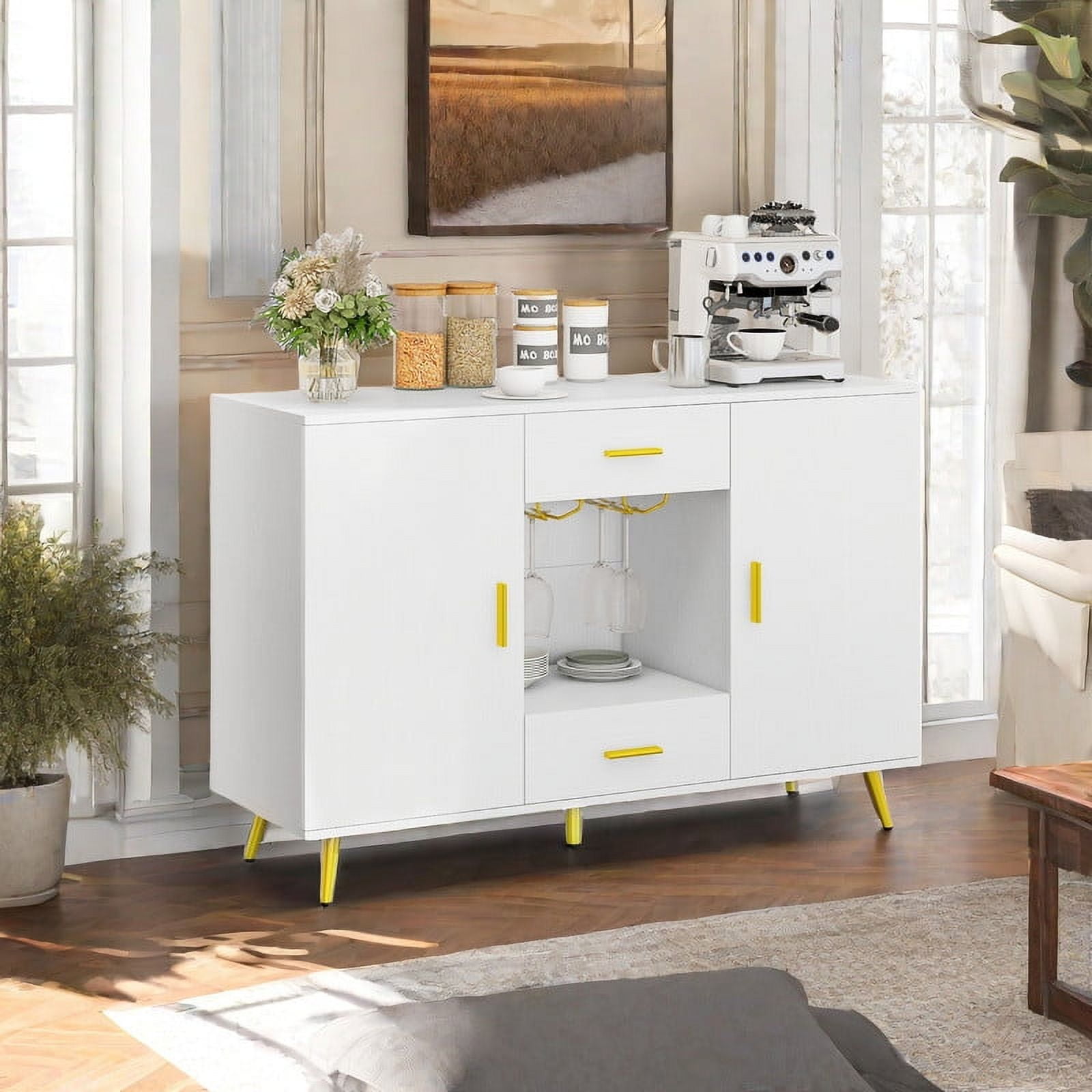 Uforic Sideboard Buffet with Doors& Drawers Buffet Cabinet with Adjustable Shelf& Wine Glass Holder, Modern Coffee Bar Cabinet for Living Room, Dining Room,White