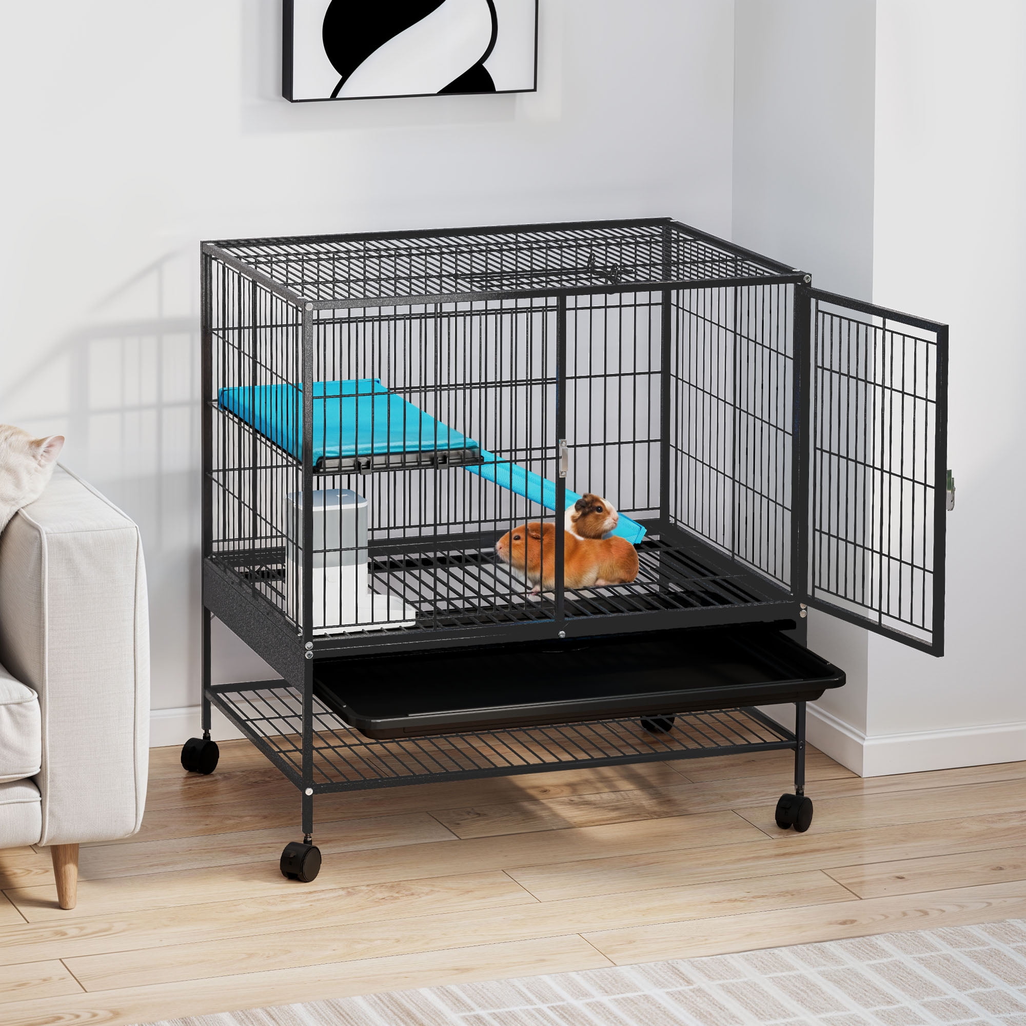 Uforic Small Animal Cage with Platforms & stair,Indoor Metal 2-Tiers Animal Cage for Rabbits, Chinchillas and Hamsters,4 universal 360 °wheels,Black