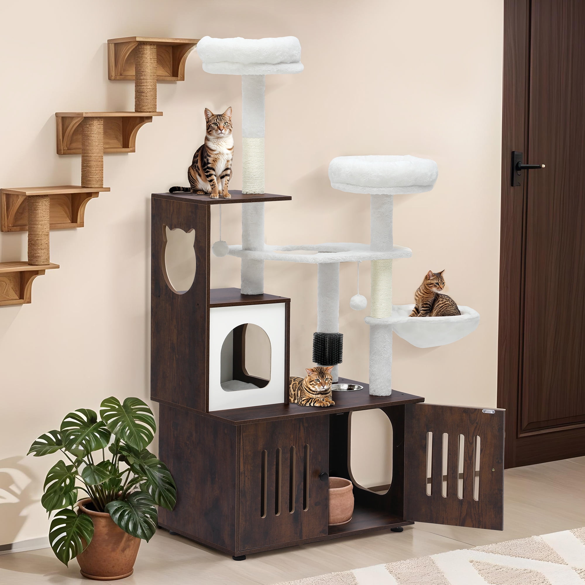 Uforic 2-in-1 Cat Tree with Litter Box Enclosure,59" Modern Cat Condo with Scratching Posts & Hammocks, Rustic Brown