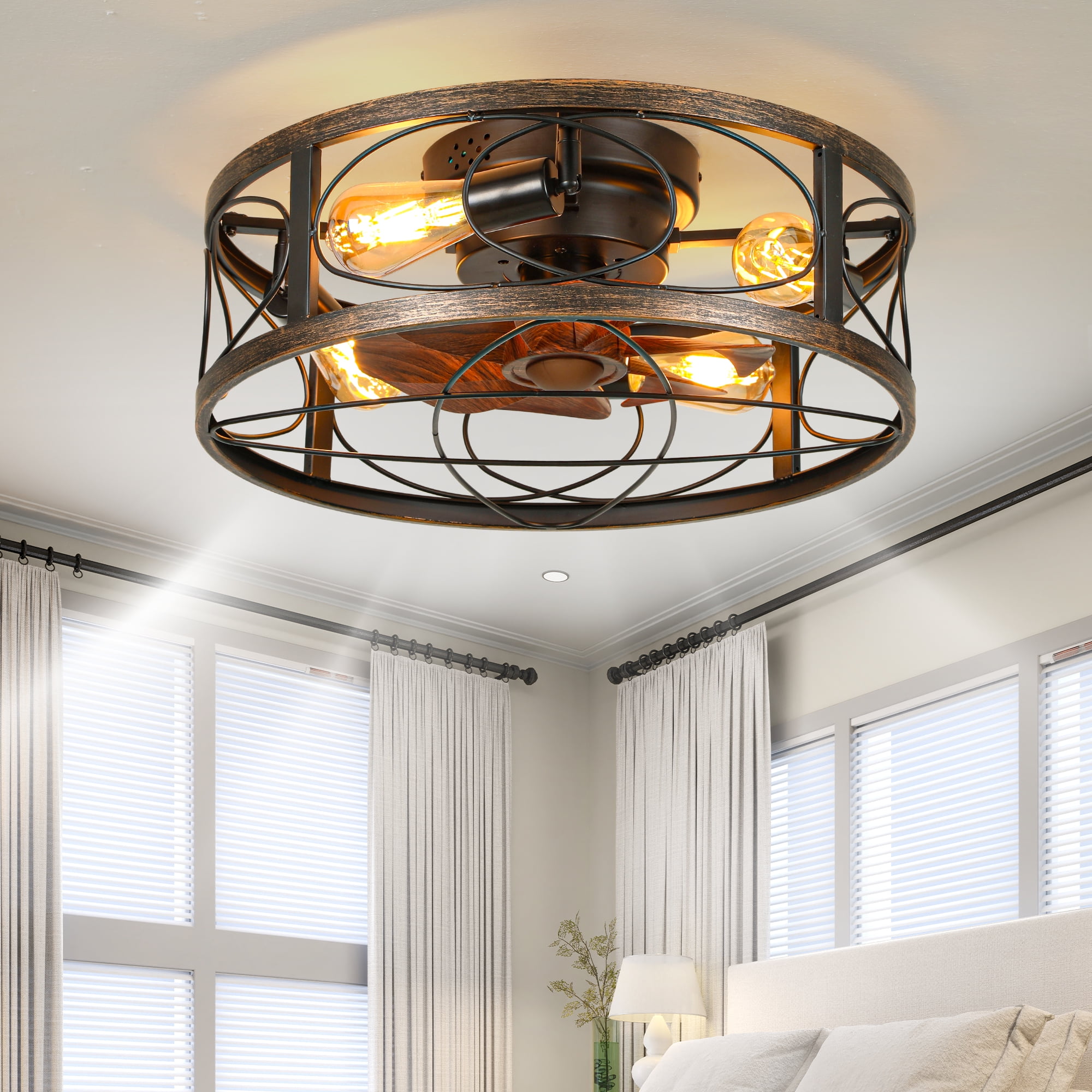 Uforic 20 Inch Caged Ceiling Fan with Light and Remote, Rustic Farmhouse Design