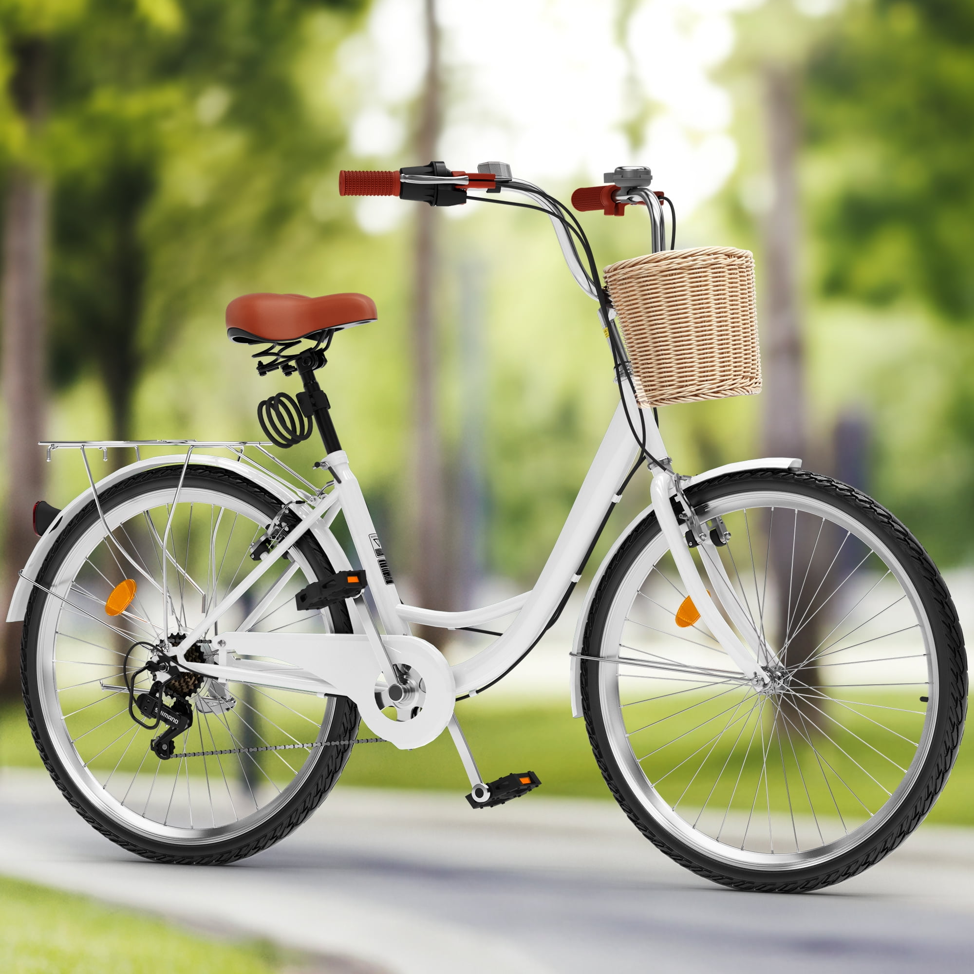 Uforic 26" 7-Speed Beach Cruiser Bike for Adults – Adjustable Seat in White