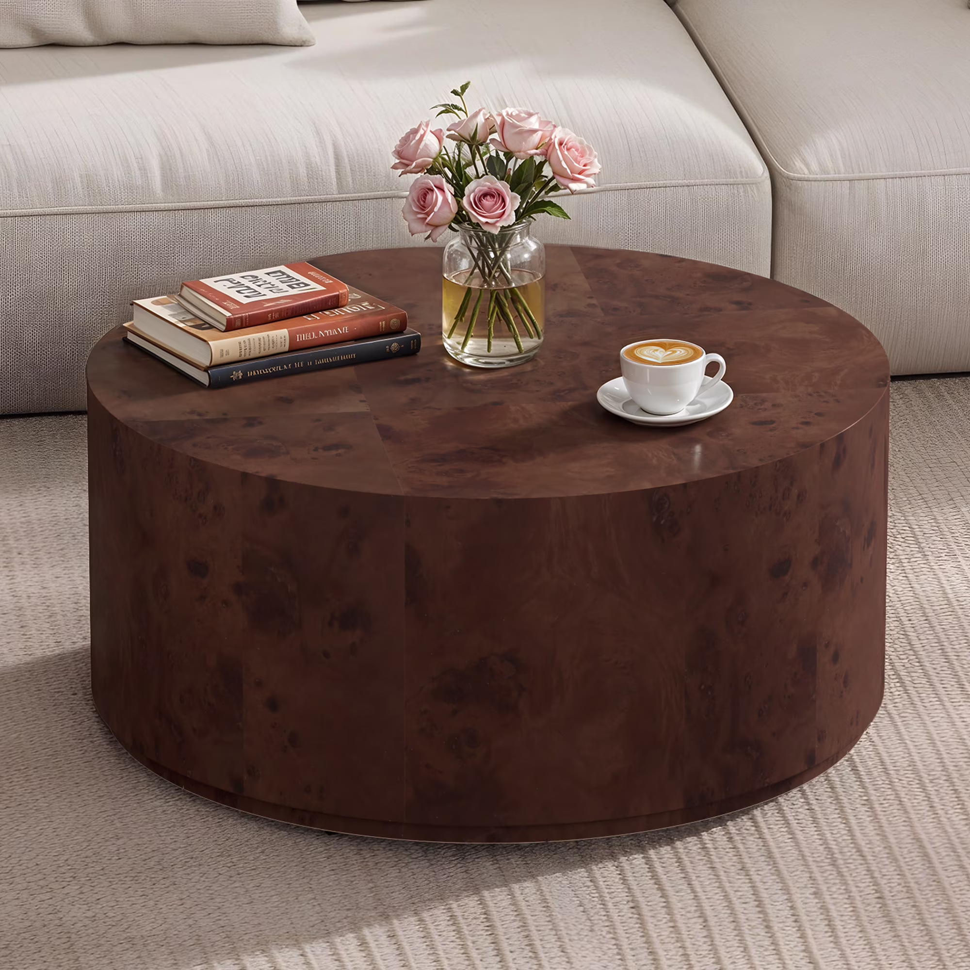Uforic 35-inch Burl Wood Coffee Table, Natural Dark Brown Center Table for Living Room & Home Office