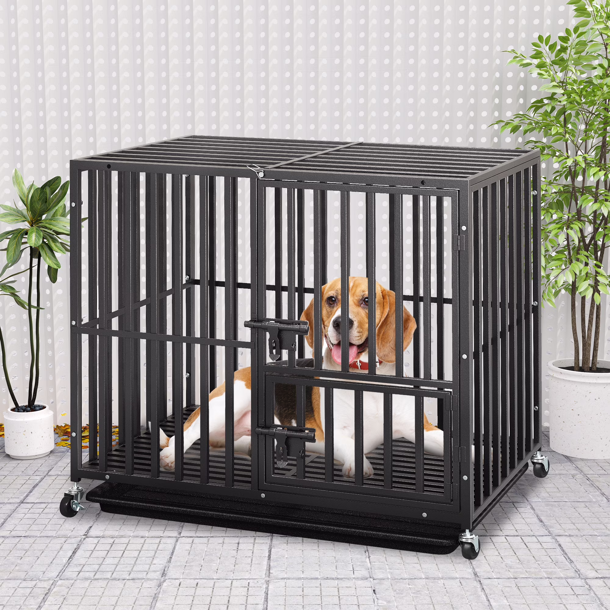 Uforic 38" Heavy Duty Dog Crate for Large Dogs with Lockable Wheels,Dog Kennel with Removable Tray