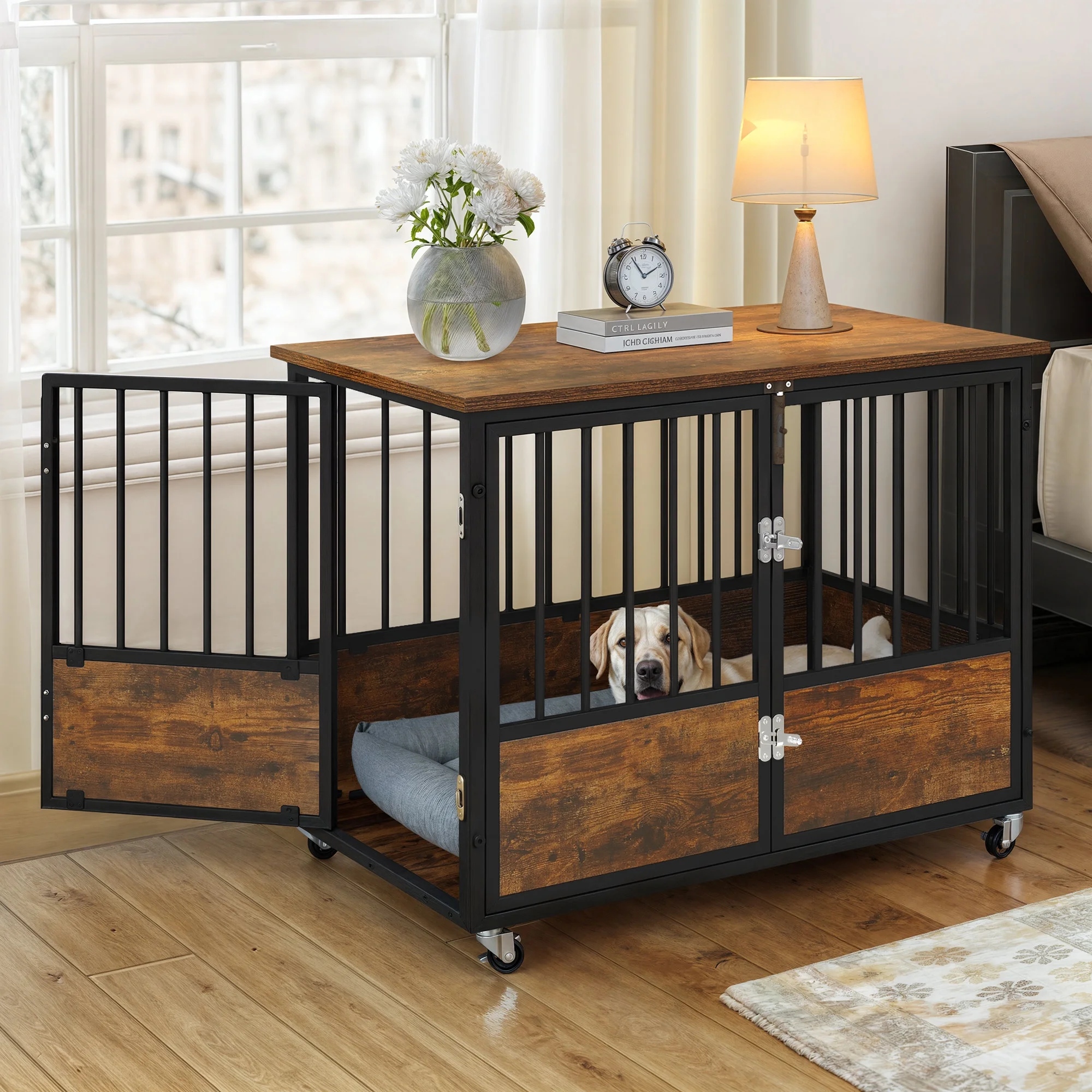 Uforic 38-Inch Wooden Dog Crate Furniture with Wheels and Double-Doors,Dog Kennel,Dog Cage for Indoor - Rustic Brown