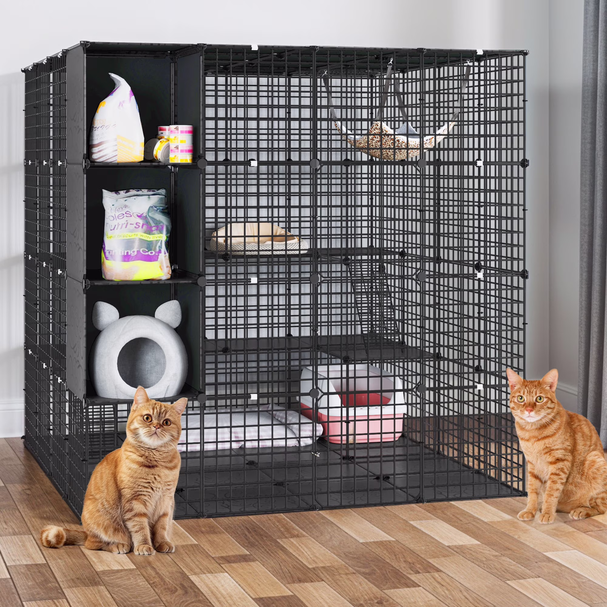Uforic 4 Tier Large Cat Cage,Indoor Cat Enclosure with Extra Large Hammock,DIY Cat Playpen Metal Kennel for 1-4 Cats,55"L x 55"W x 55"H,Black