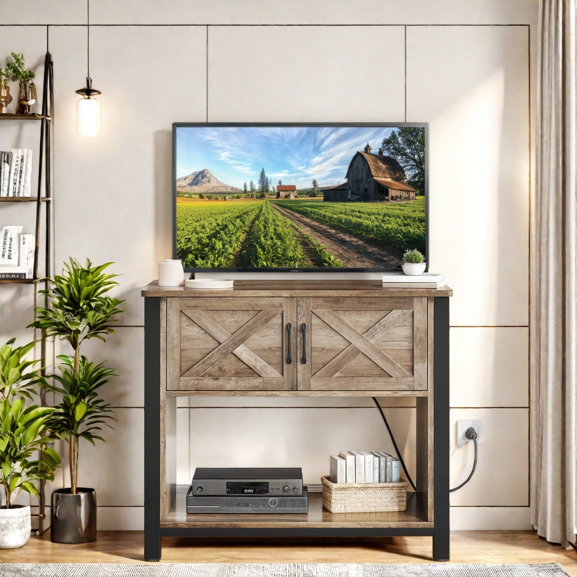 Uforic 40-Inch Farmhouse TV Stand with Power Outlet,Storage Cabinet,TV Cabinet for Living Room - Brown