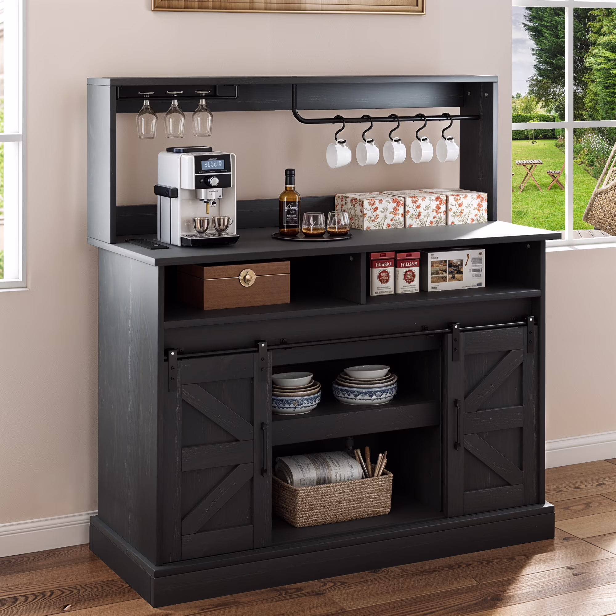 Uforic 47" Farmhouse Coffee Bar Cabinet, Buffet Sideboard with Power Outlets, Wine Glass Rack, Black Oak