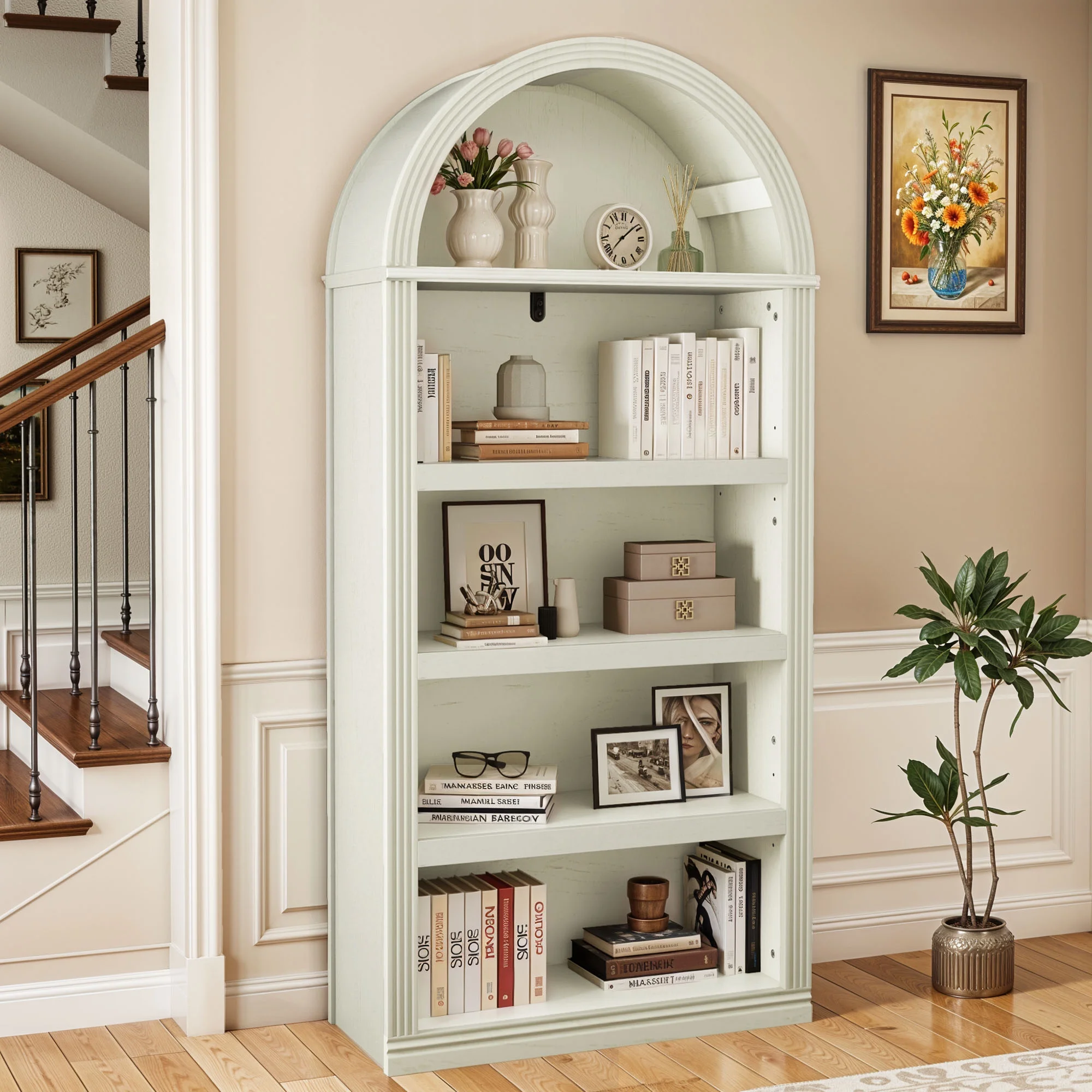 Uforic 5 Tiers Arched Bookshelf, 68.5" Tall Modern Bookcase Display Storage Rack Wooden Bookshelves, White