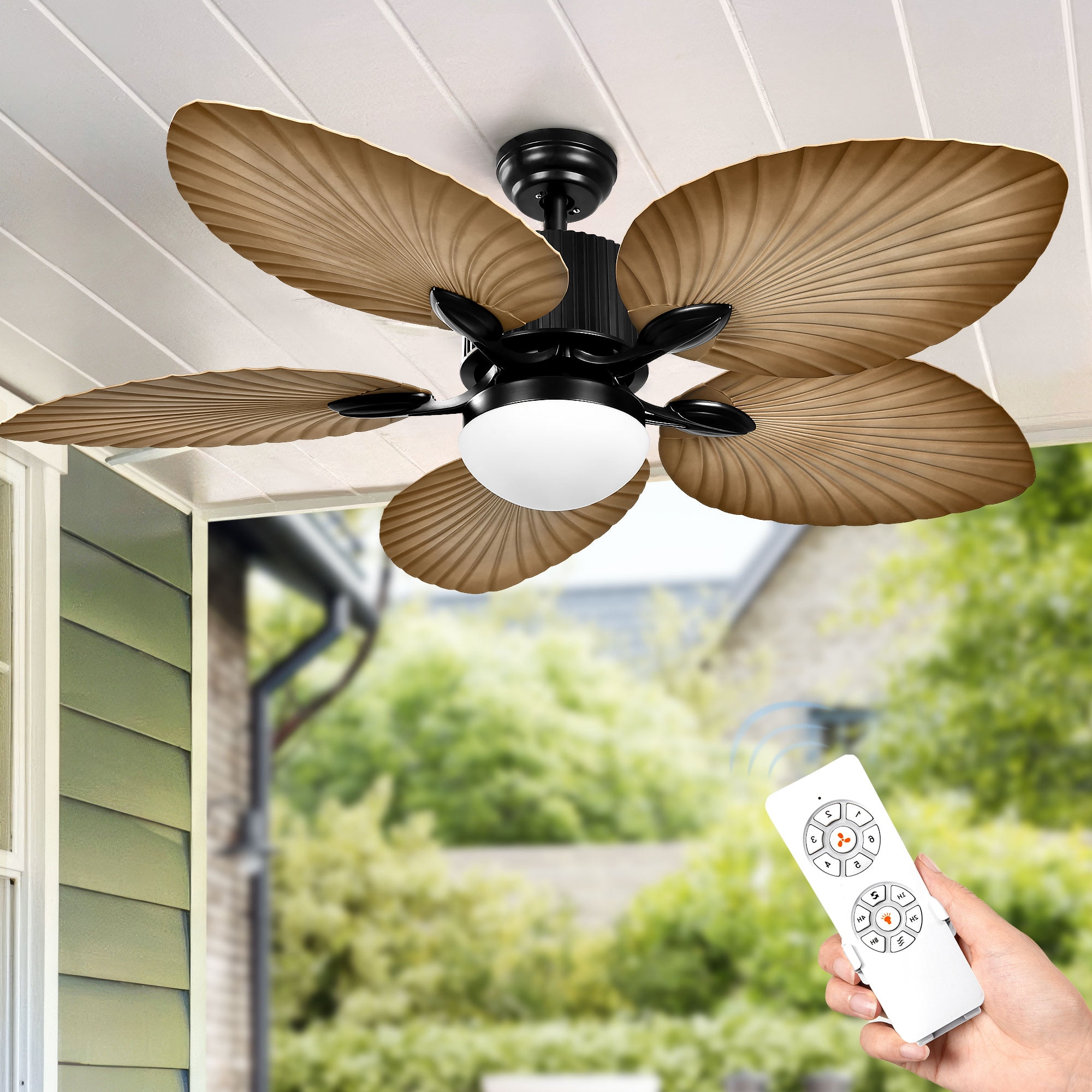 Uforic 52" Tropical Ceiling Fan with Light and Remote,5 Palm Leaf Blades Energy-efficient ceiling fan