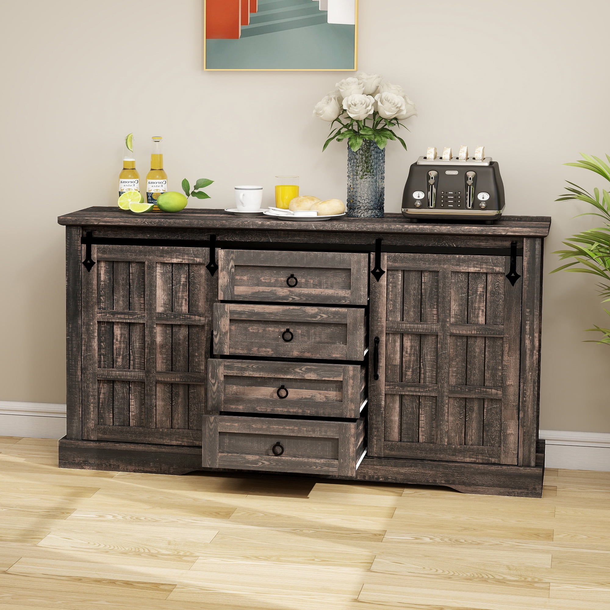 Uforic 59" Farmhouse Sideboard Cabinet, Kitchen Storage Buffet Cabinet with Doors & Drawers & Adjustable Shelves, Dark Oak