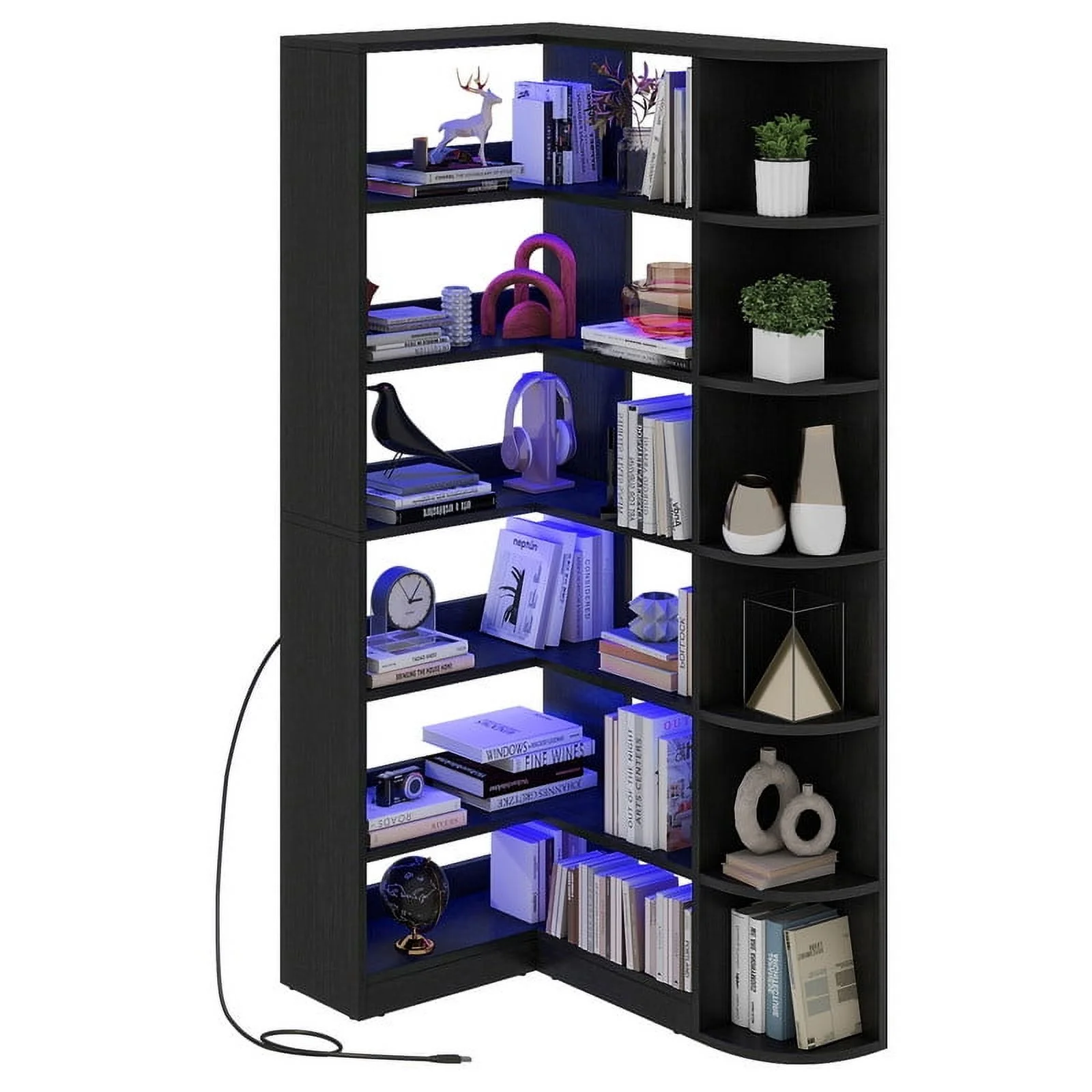 Uforic 6 Tier Bookshelf with LED Light, 70.8 " Modern Bookcase, L-Shaped Bookcase Corner shelf Storage Organizer Display Shelf for Home Office, Living Room,Bedroom, Black