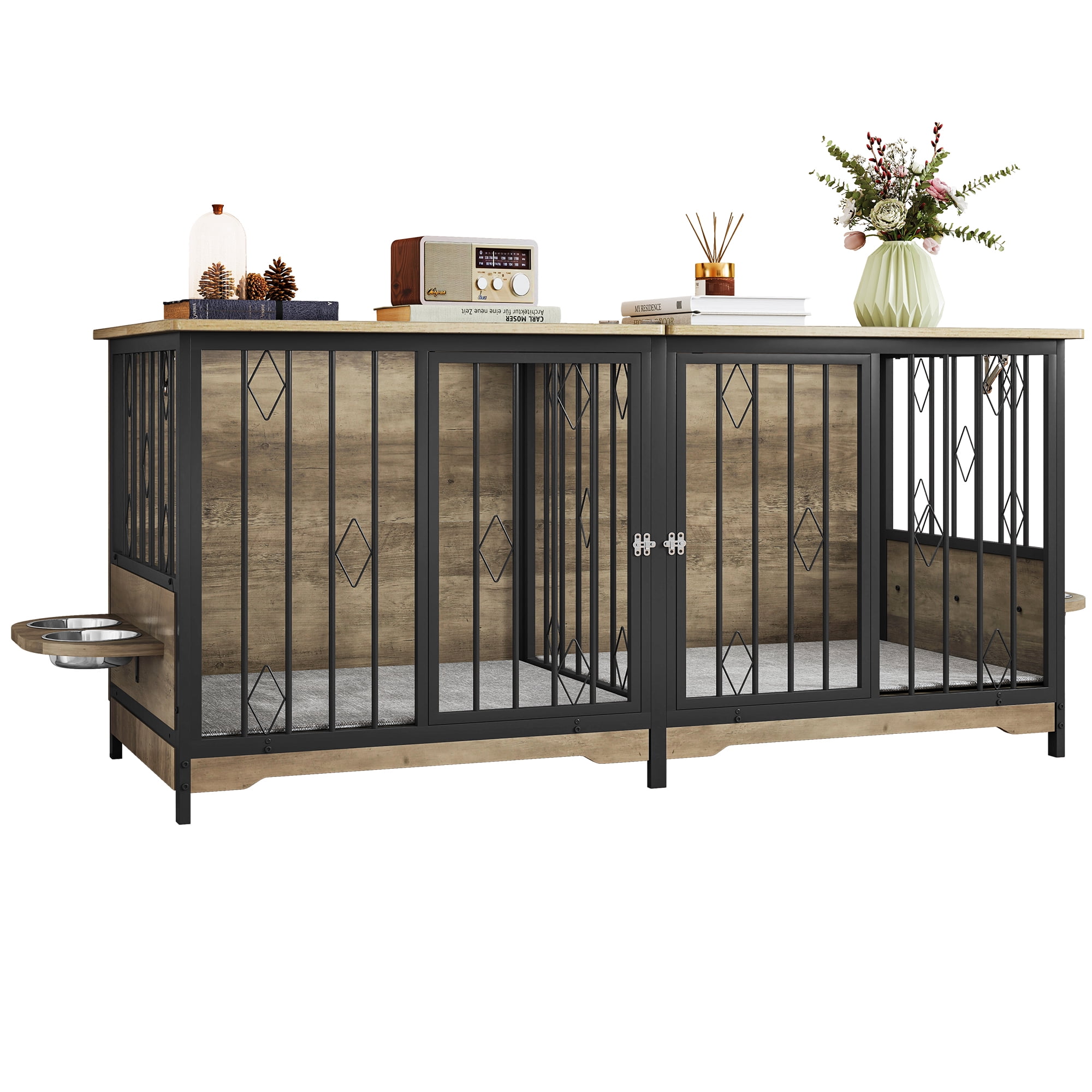 Uforic 71" Large Dog Crate Furniture, Heavy Duty Wooden Double Dog Kennel with with Removable Divider,Dog Cage with 4 Rotatable Bowls&2 Cushions, for Medium Large Dogs,Gray