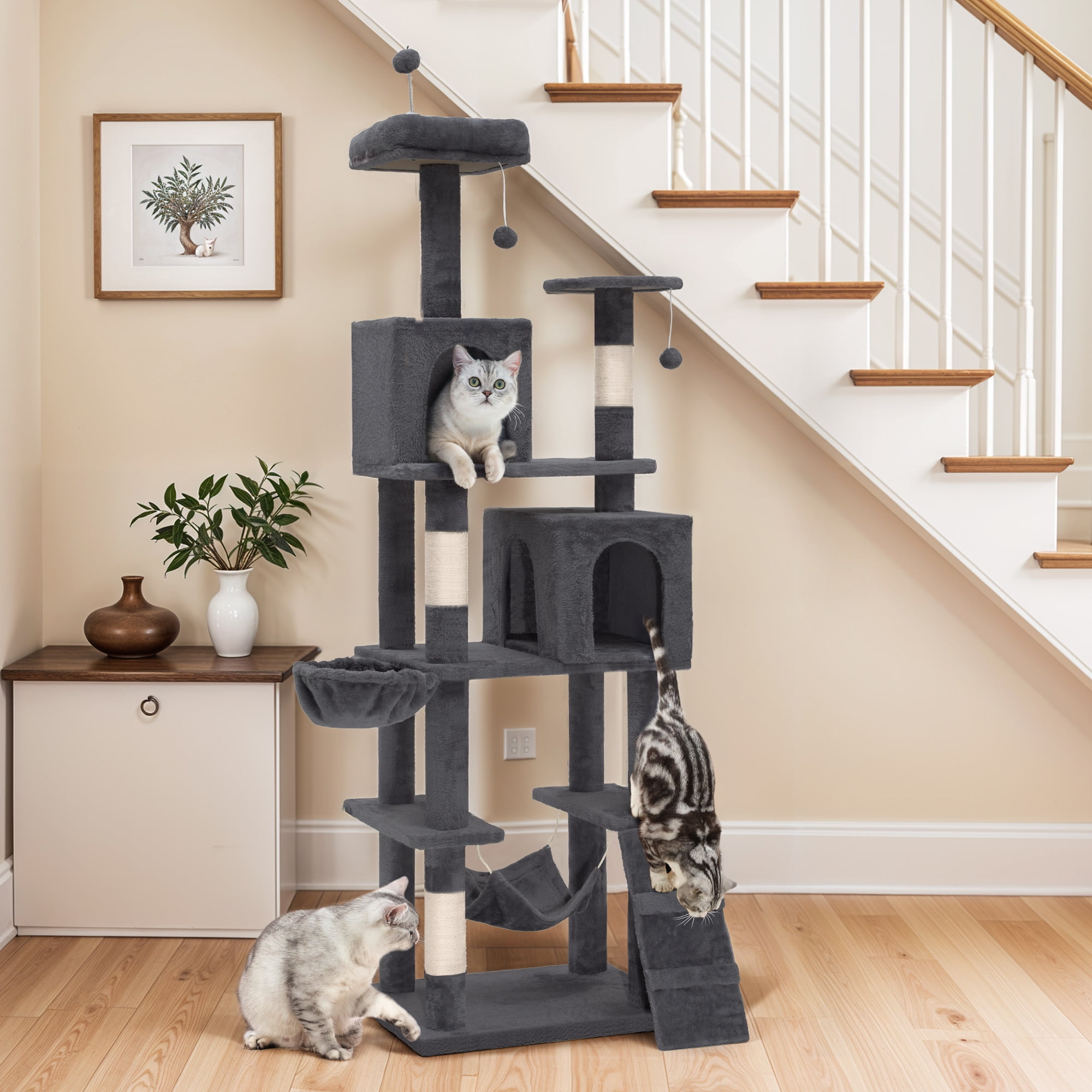 Uforic 75"Cat Tree Tower for Large Cats, Multi Level Play Tower Condo with Scratching Posts & Hammock, Dark Gray