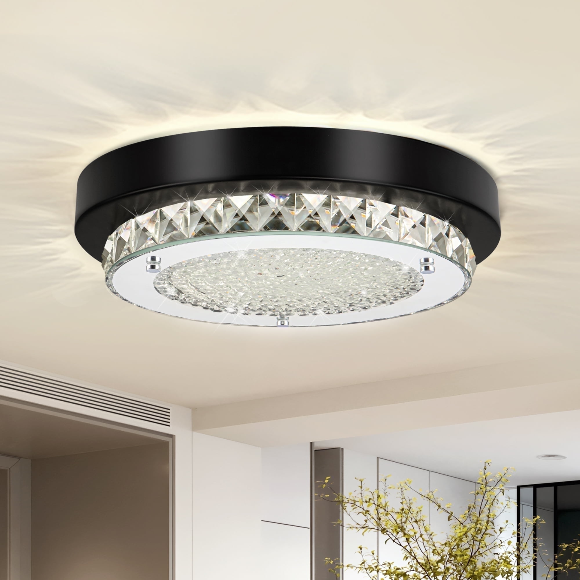 Uznhty Black Ceiling Light Fixture 9.8 Inch Crystal Ceiling Light LED Kitchen Lighting Fixtures Ceiling for Hallway Laundry Room 4000K Dimmable 12W