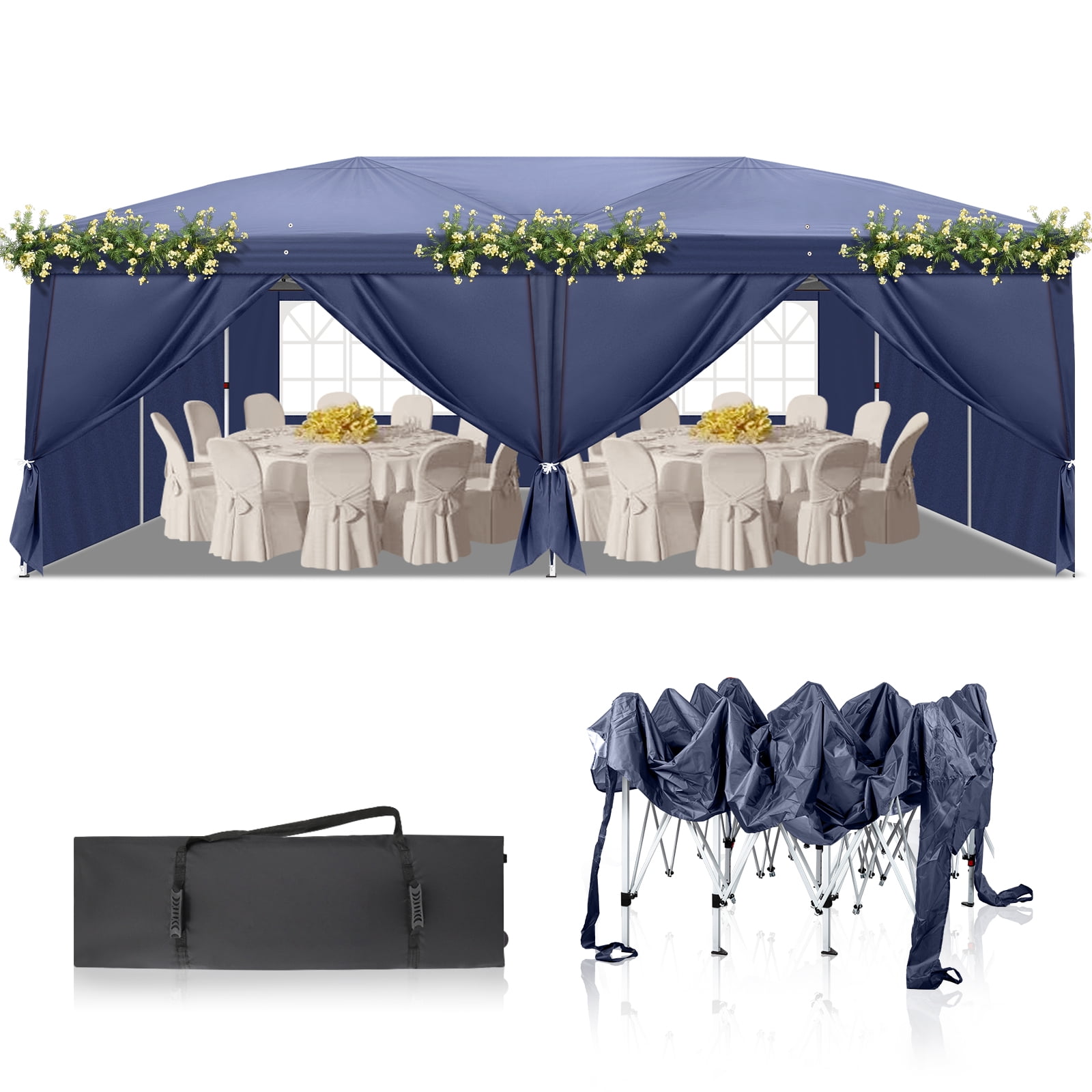 UBesGoo Ez Pop Up Patio Canopy Tent Gazebo Outdoor Party with 6 Sidewalls 10 x 20 ft Blue