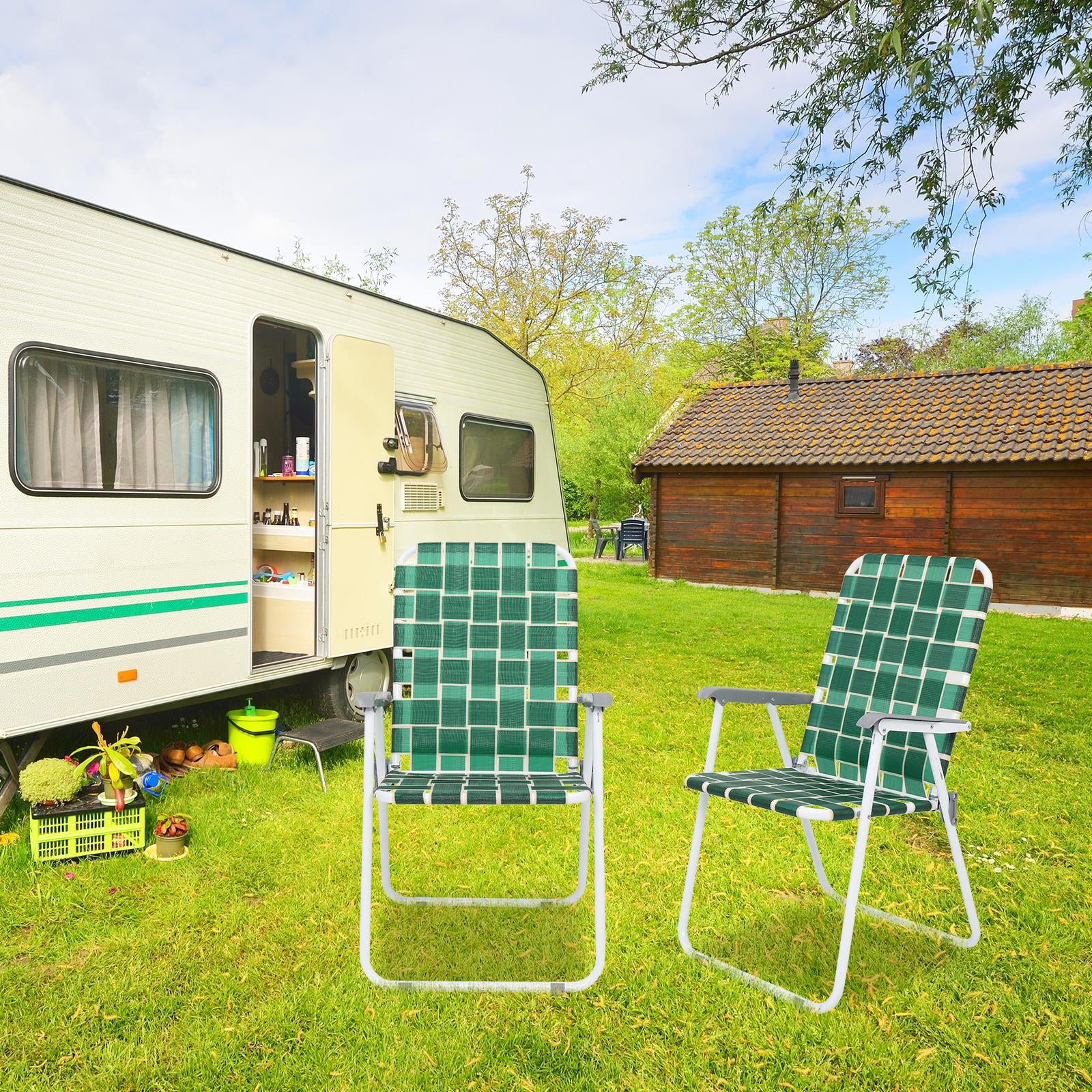 UBesGoo Folding Web Lawn Chair Set, 2 Pack Outdoor Beach Chair Portable Camping Chair(Dark Green)