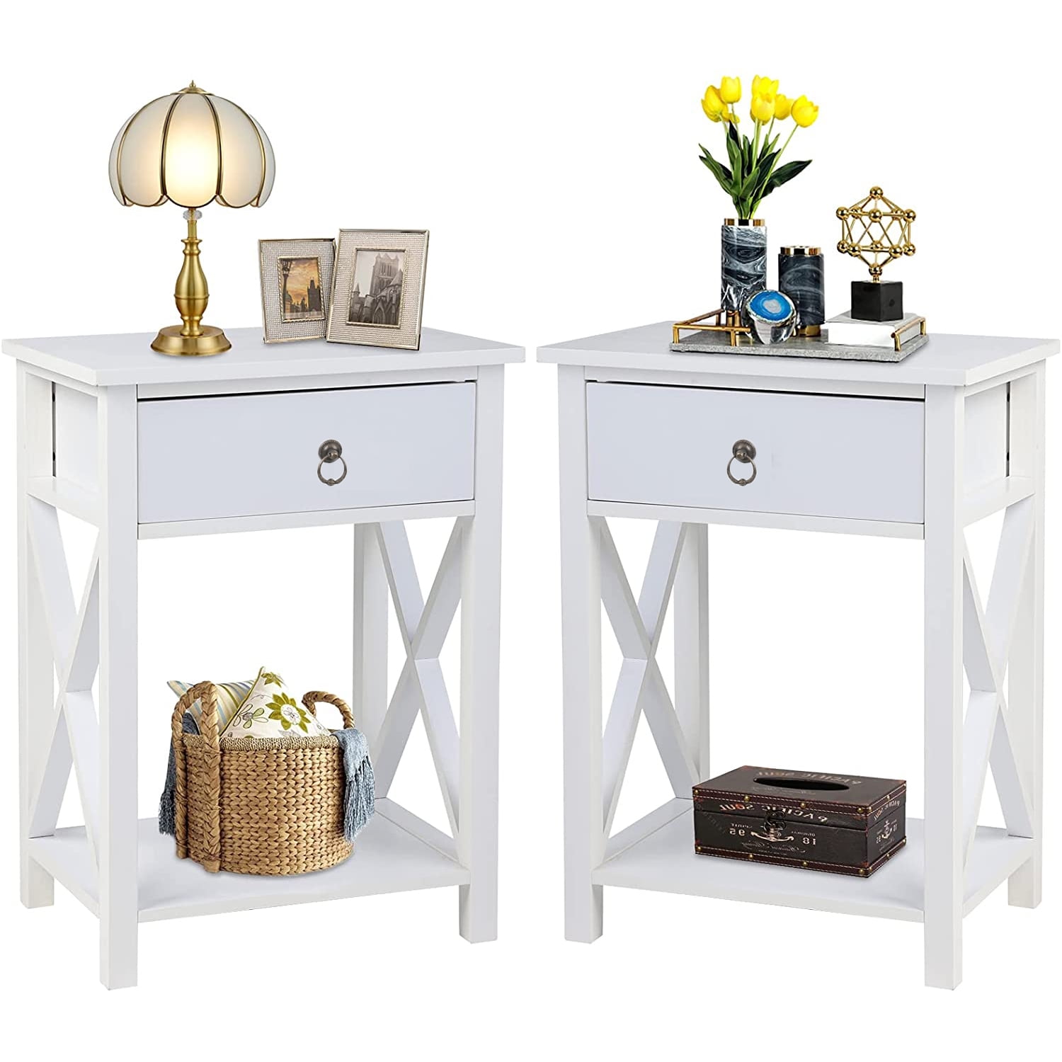 UBesGoo Set of 2 Night Stands for Bedroom Rustic Nightstand Bedside End Tables with Drawer Storage,White