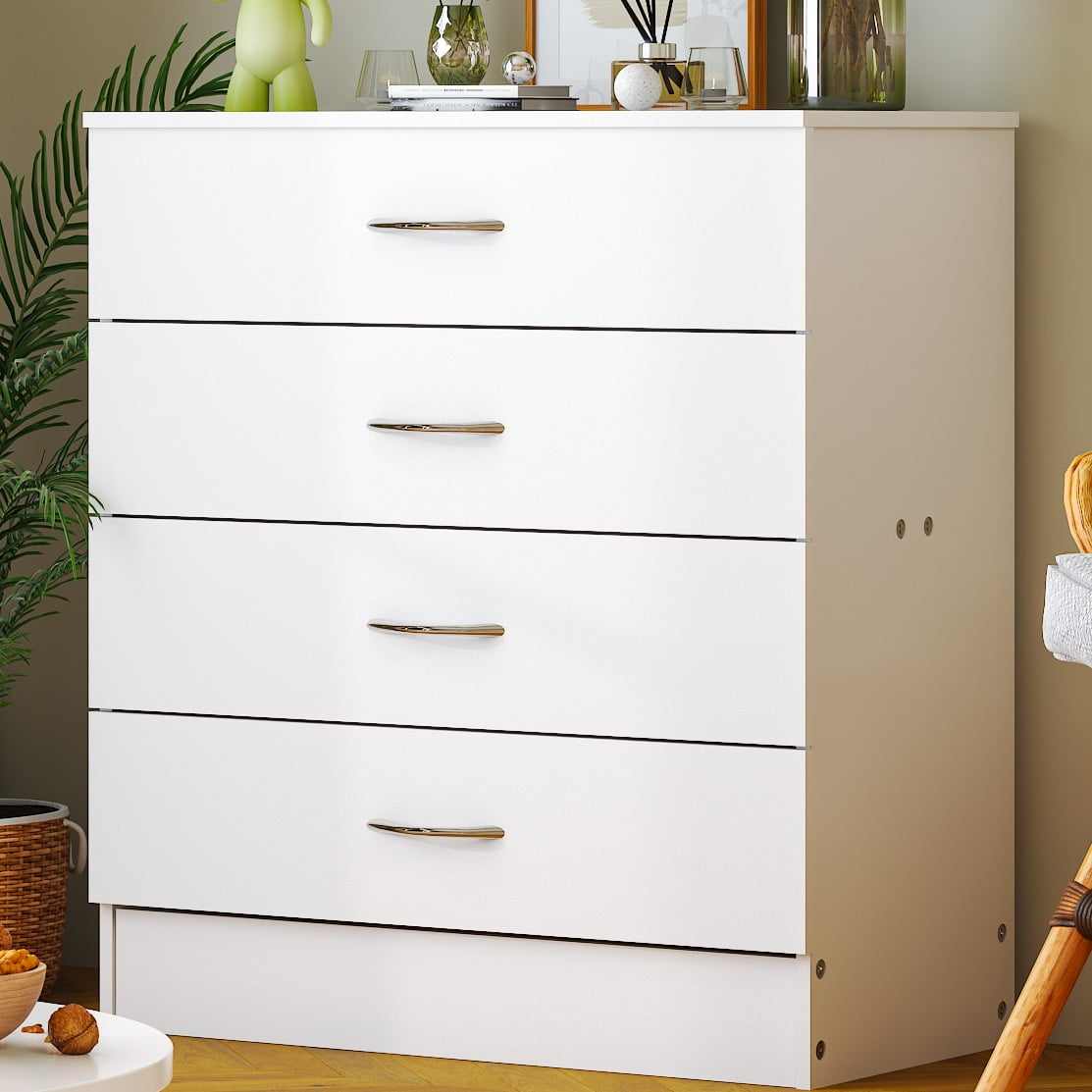 UBesGoo 4-Drawer Dresser Pure White with Metal Handles Bedside Night Stand Bedroom, White