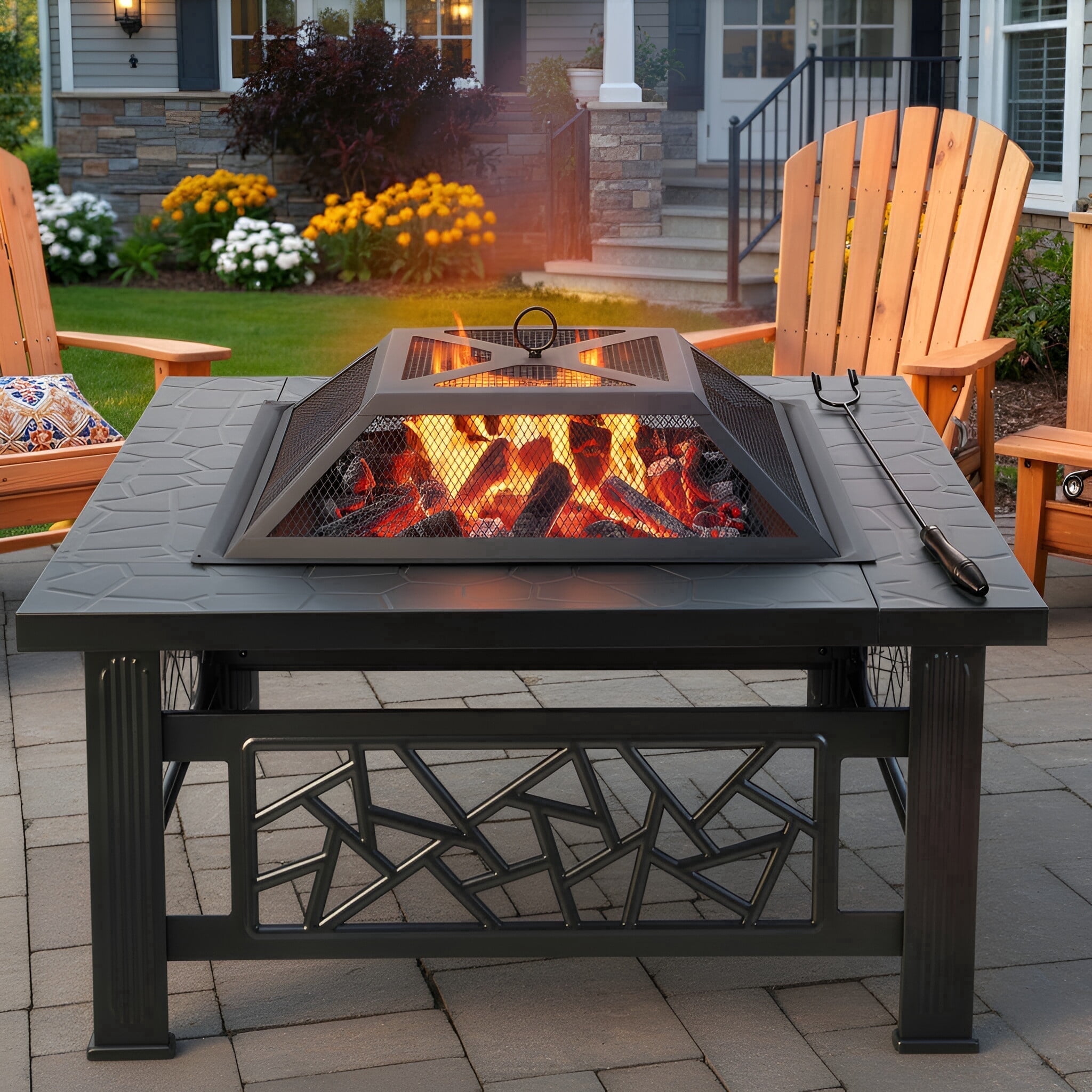 32" Fire Pit Table, UHOMEPRO 3-in-1 Outdoor Fire Pit with BBQ Grill, Mesh Lid & Cover, Modern Metal Square Wood Burning Fire Pit for Outside, Backyard, Patio & Camping