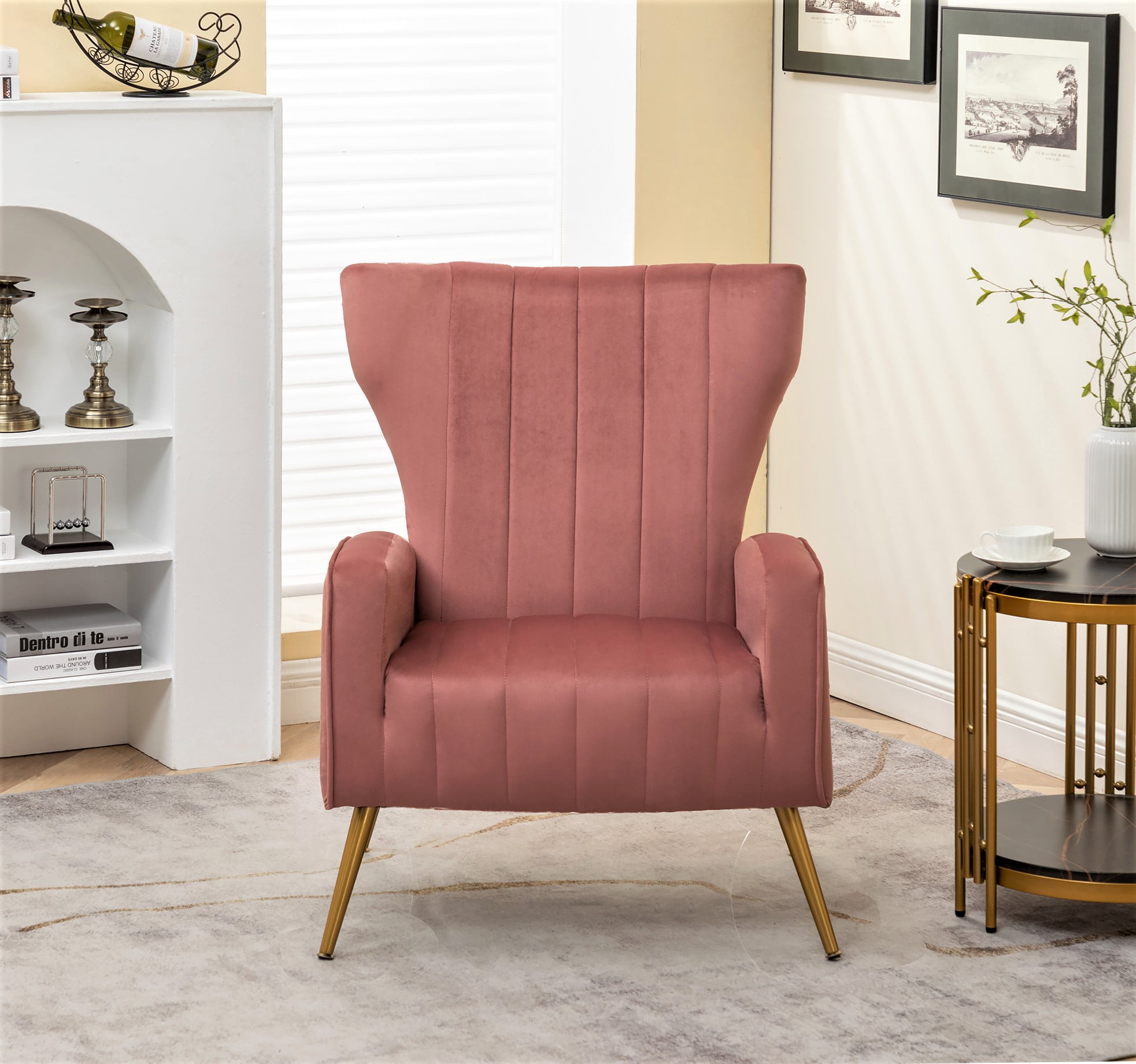 US Pride Furniture Kaleigh 27.56"W Velvet Sofa Chair with Metal Legs, Pink