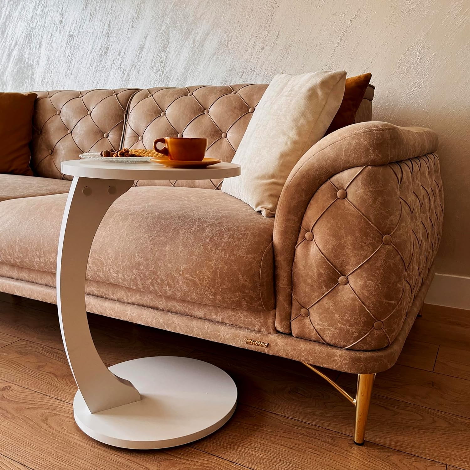 Ultimate Premium Products C-Shaped Round End Table with Rolling Wheels White