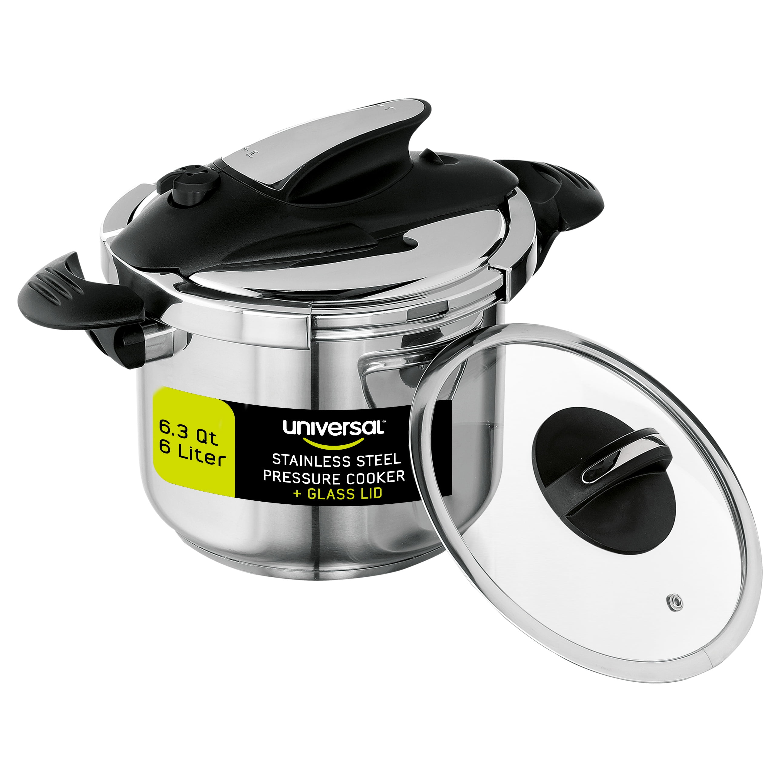 Universal 6.3 Quart / 6 Liter Stainless Steel Easy Use Pressure Cooker + Extra Glass Lid, Induction Compatible, 7 servings