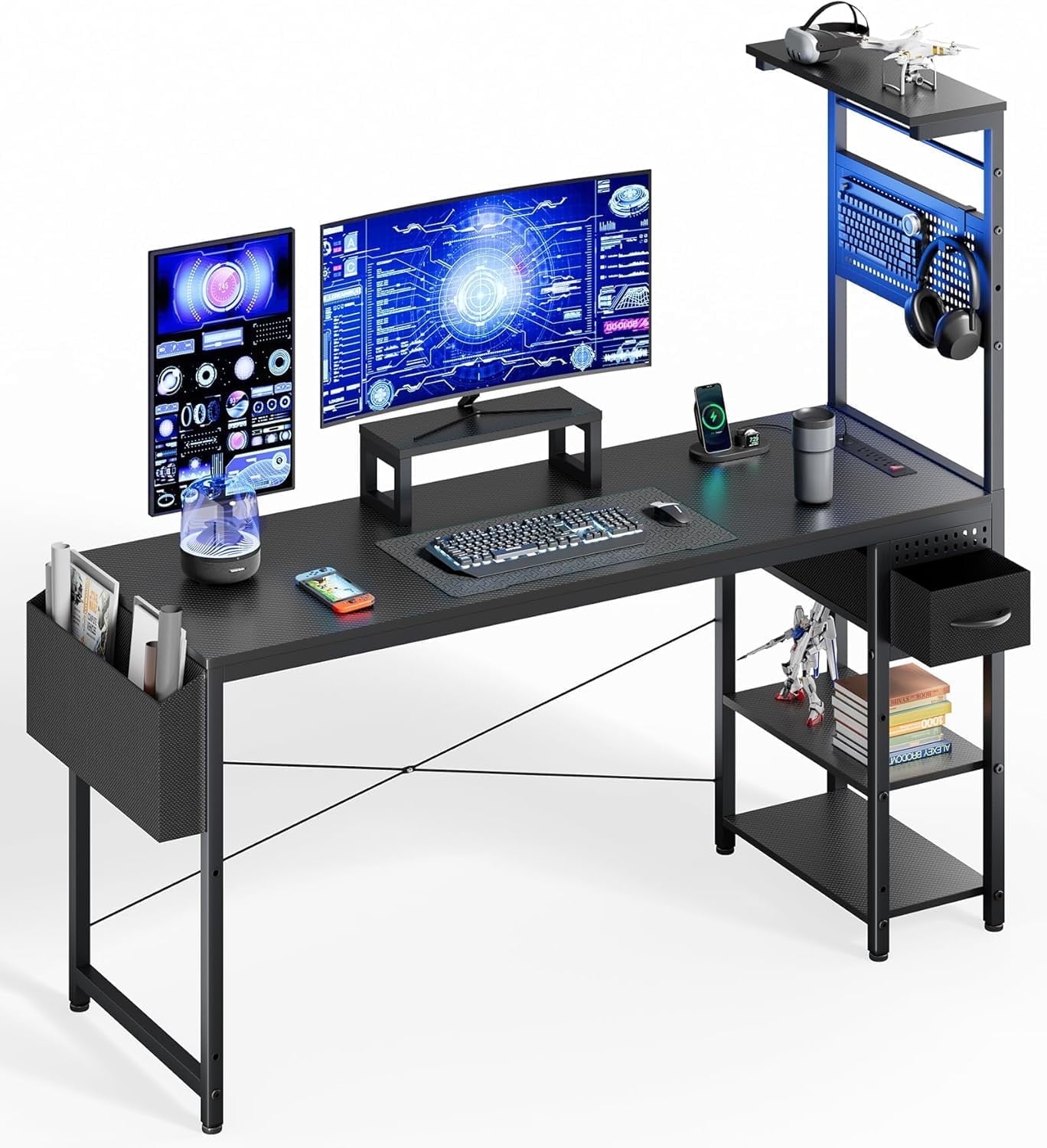 Upgo 55" Gaming Desk with Adjustable Storage Rack & LED Lights, Power Outlets for Adult and Teen