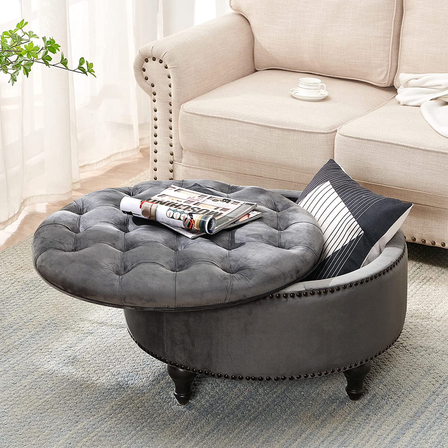Upholstered 30" Round Storage Button Ottoman, Nail Head Tufted Seating, with Removable Lid Dark Grey