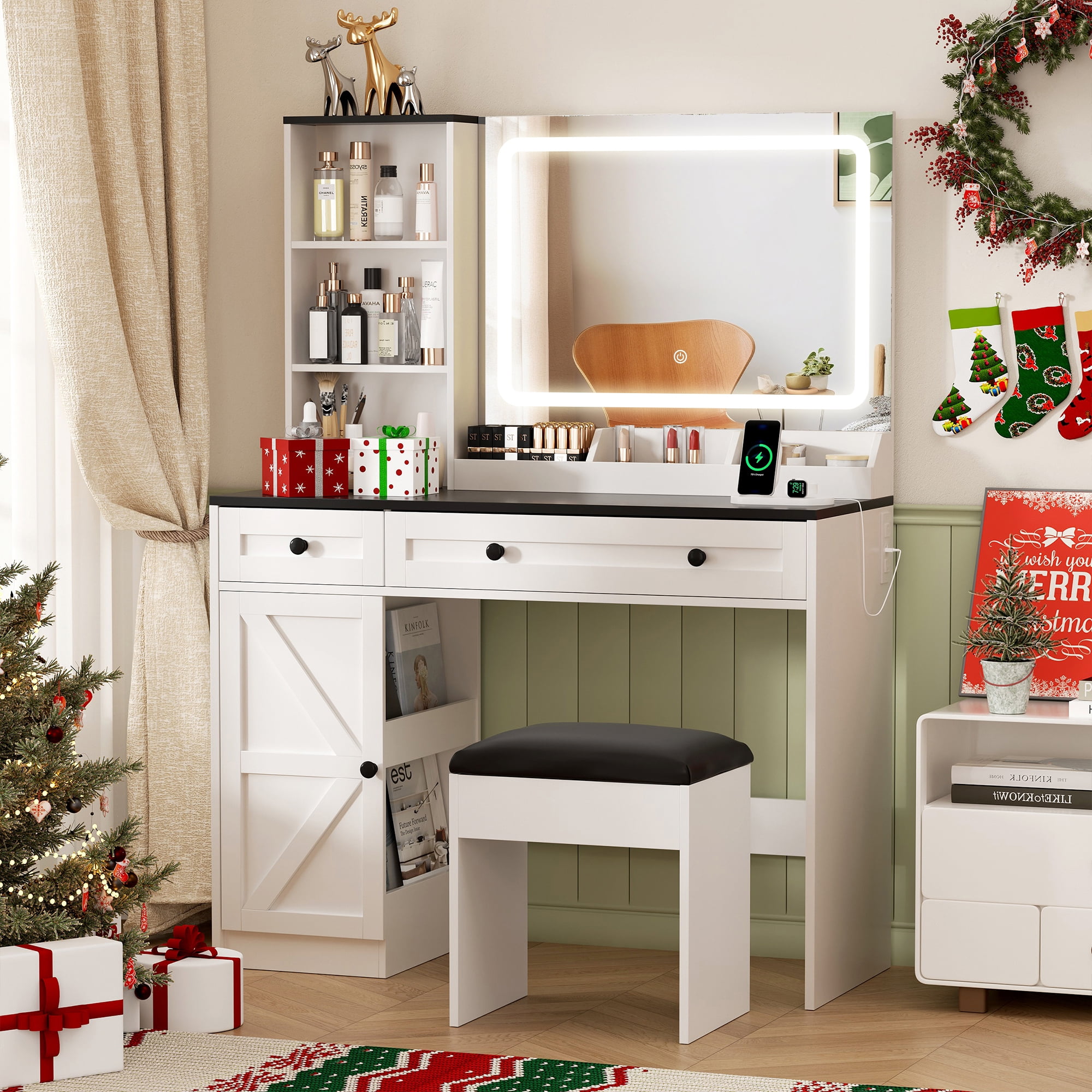 Vabches Vanity Set with Mirror and Lights, Modern Makeup Table with Storage Shelves & Drawers for Bedroom, White