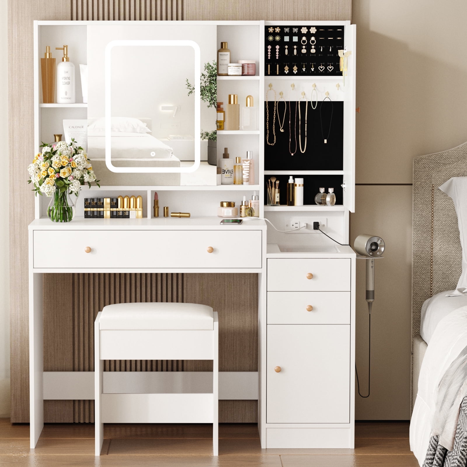 Vabches Vanity Set with Sliding Mirror and Lights Makeup Table with 3 Drawers & 2 Cabinets & 5 Shelves, White