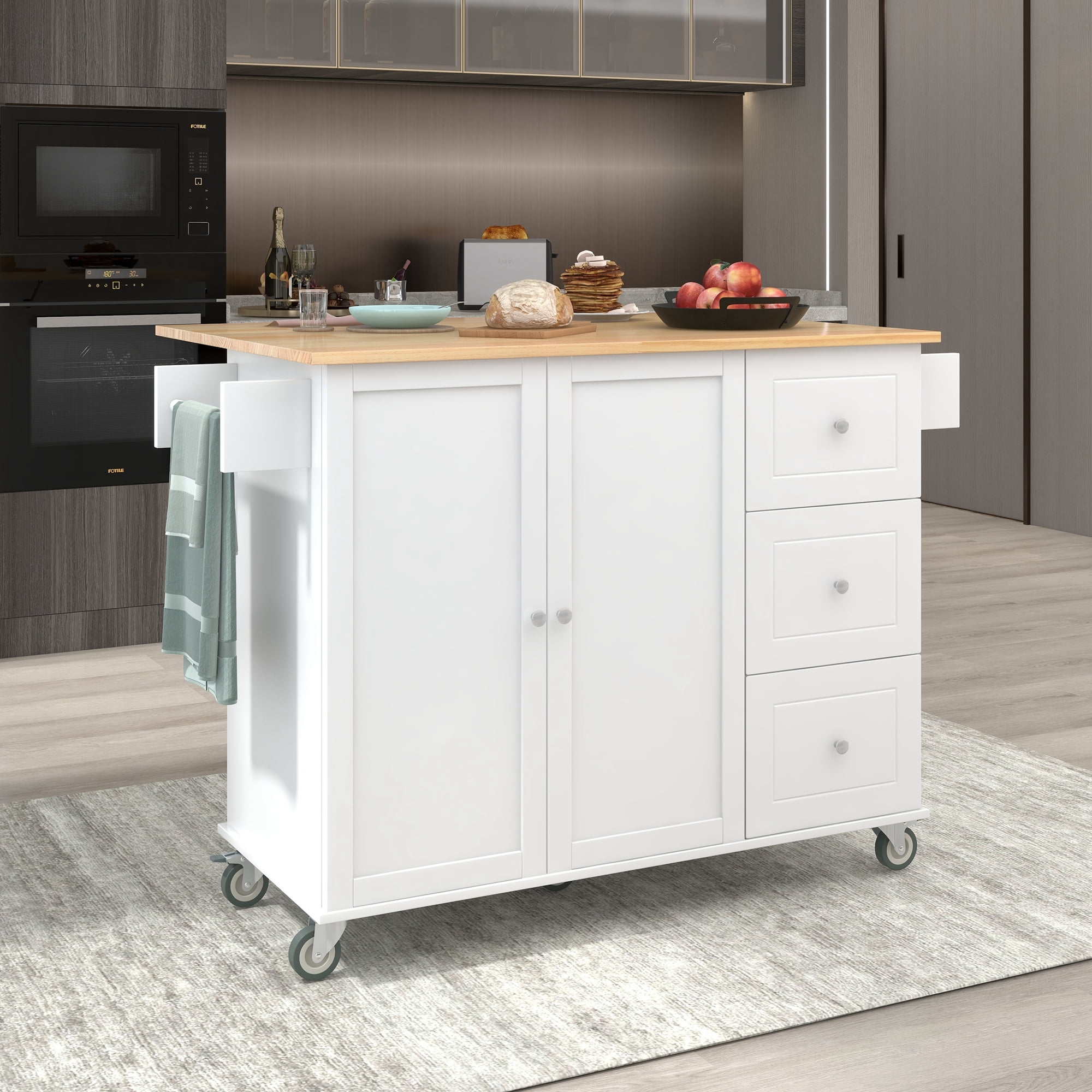 Lunale 52.7" Kitchen Island Cart with Solid Wood Drop-Leaf Countertop and Locking Wheels, Storage Kitchen Cart with 2 Door 3 Drawer and Towel Rack, White