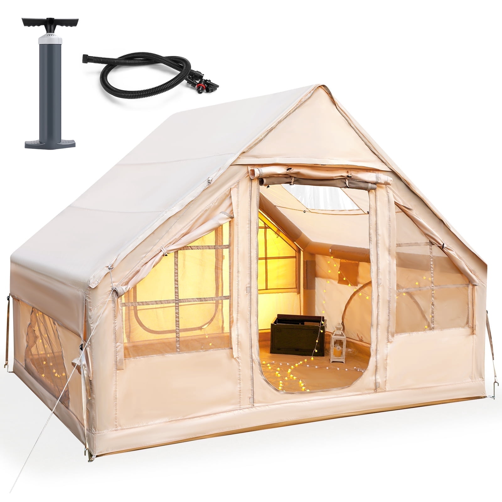 Vebreda 6-Person Inflatable Camping Tent with Pump, Waterproof Family Tent for Outdoor Camping, Hiking & Travel, Beige