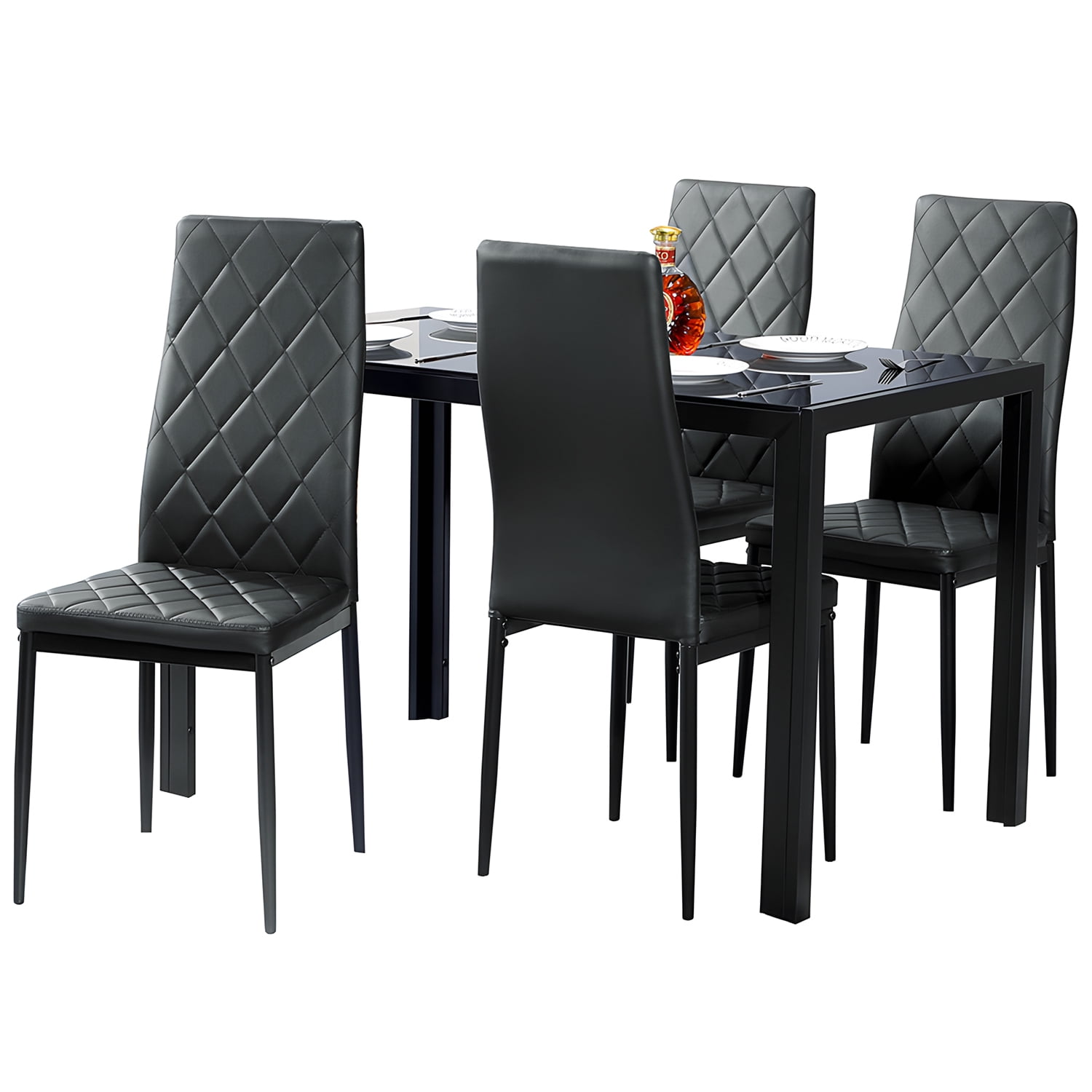 Vebreda 5 Piece Dining Room Table Set, Dining Table Set for 4, Kitchen Table Set with Tempered Glass Table and 4 Faux Leather Chairs