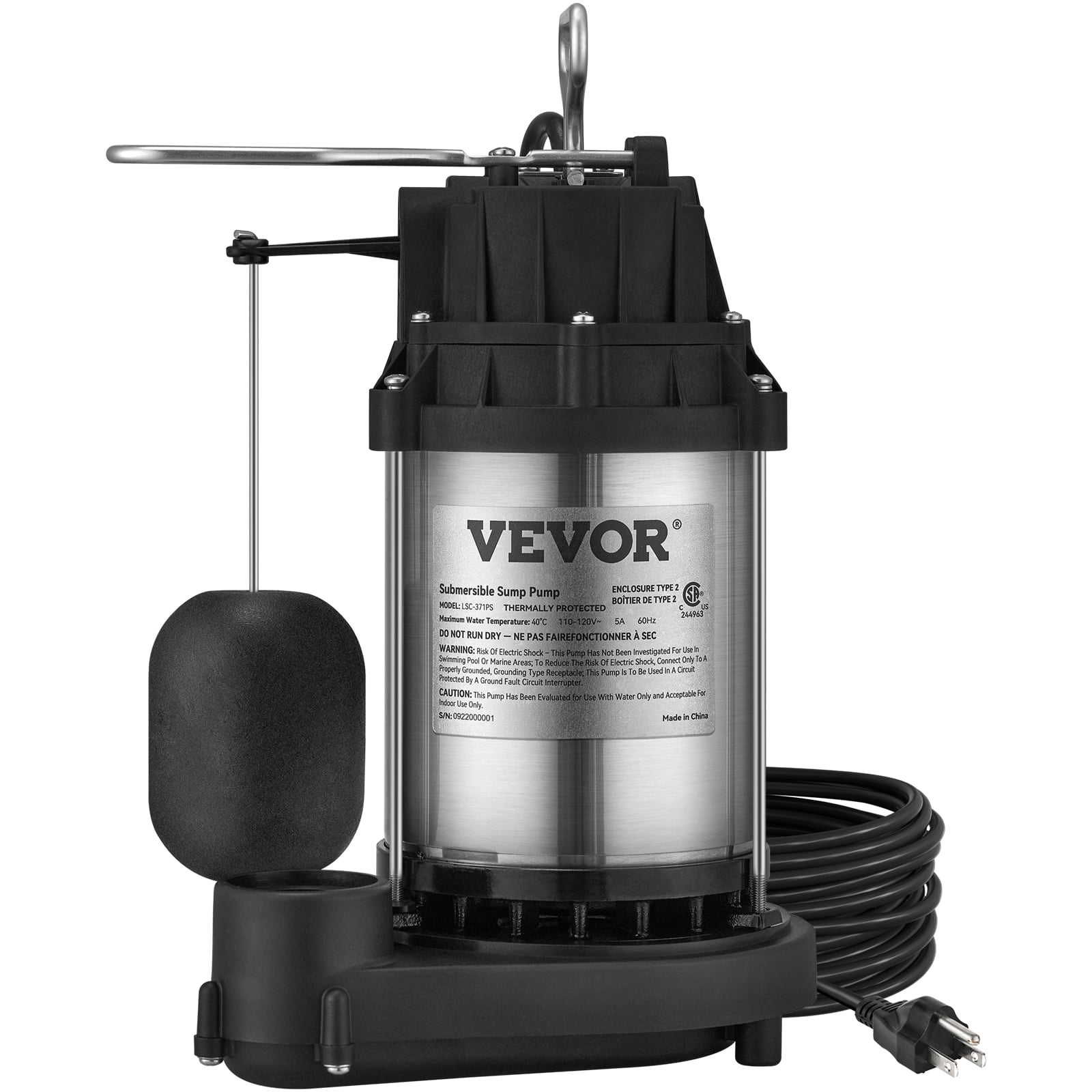 VEVOR 1/2 HP Submersible Sump Pump, 4320 GPH, Stainless Steel, Automatic Float Switch