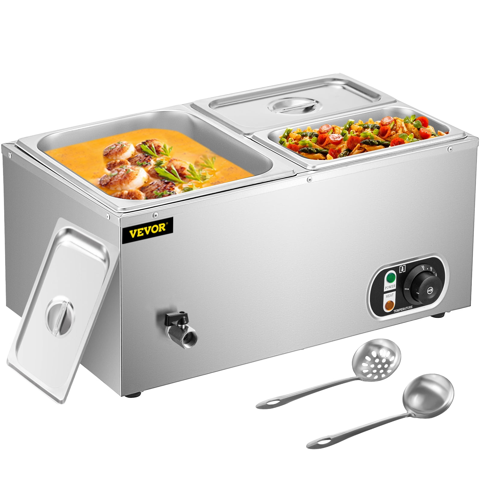 VEVO Commercial Food Warmer 1x1/2GN and 2x1/4GN, 3-Pan Stainless Steel Bain Marie 24Qt,1500W Steam Table 15cm/6inch Deep,Temp. 86-185℉ Electric Soup Warmer with Lids & 2 Ladles