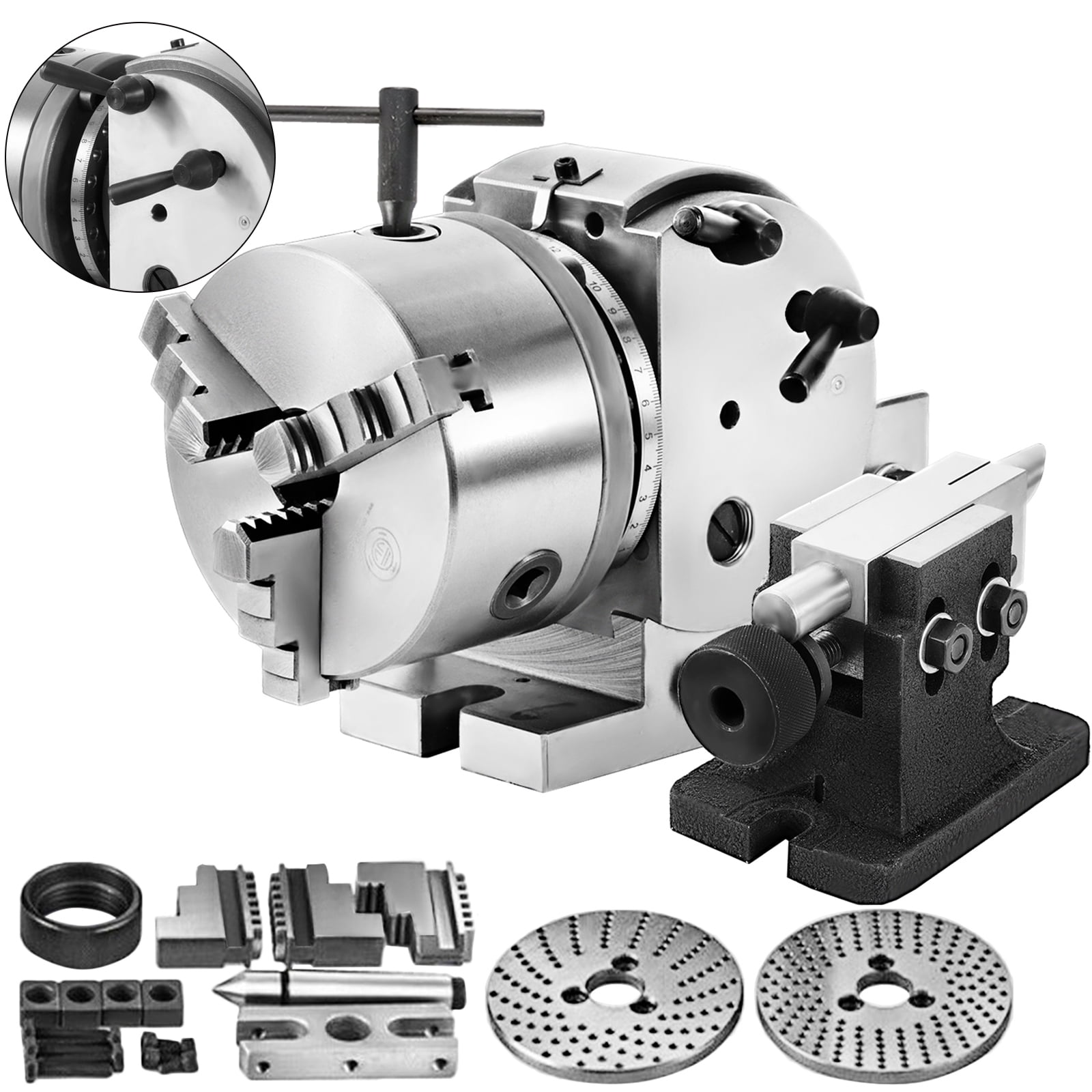 VEVORbrand Dividing Head BS-0 5Inch 3 Jaw Chuck Dividing Head Set Precision Semi Universal Dividing Head for Milling Machine Rotary Table Tailstock Milling Set
