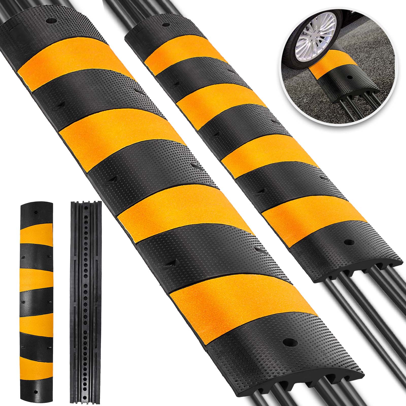 VEVORbrand 2 Pack of 2-Channel 6 FT Rubber Speed Bump Driveway Modular Heavy Duty Speed Bumps 72.4 x 12 x 2.4 inch Cable Protector Ramp for Garage Gravel Roads Asphalt Concrete