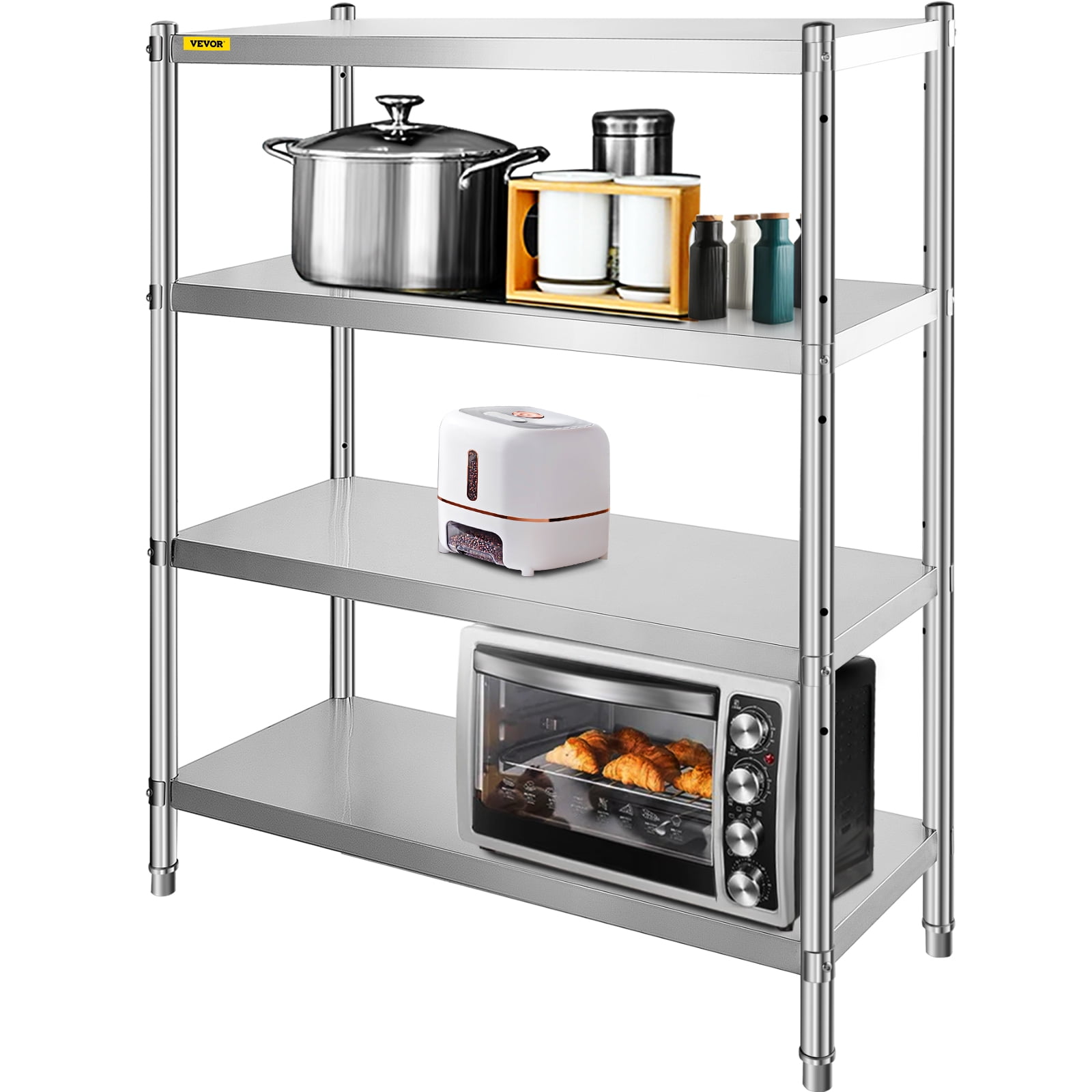 VEVORbrand 4-Tier Shelf Stainless Steel Shelving 330LB Capacity per Shelf Commercial Standing Shelf Unit for Kitchen, Office, Garage Storage