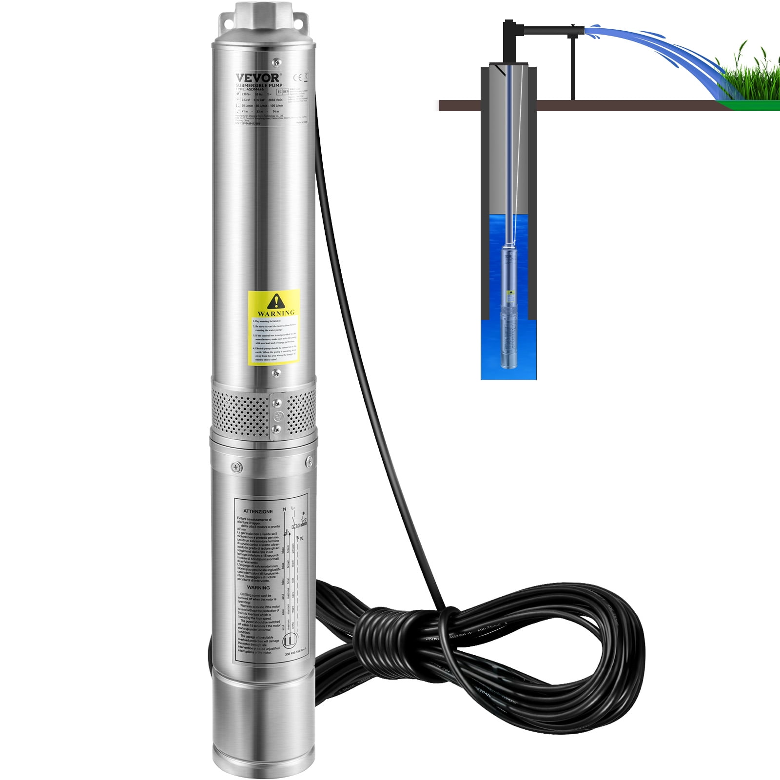 VEVORDeep Well Submersible Pump, 2HP/1500W 230V/60Hz, 37GPM Flow 427 ft Head, with 33 ft Electric Cord, 4 inch Stainless Steel Water Pumps for Industrial, Irrigation & Home Use, IP68 Waterproof Grade
